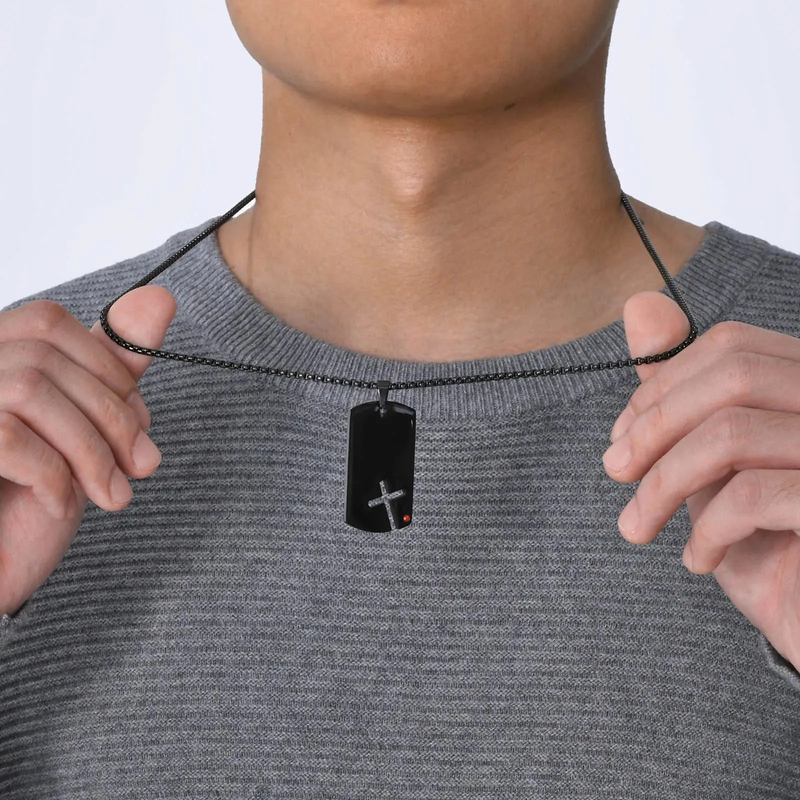 Mens Black Dog Tag Necklaces with Cubic Zirconia