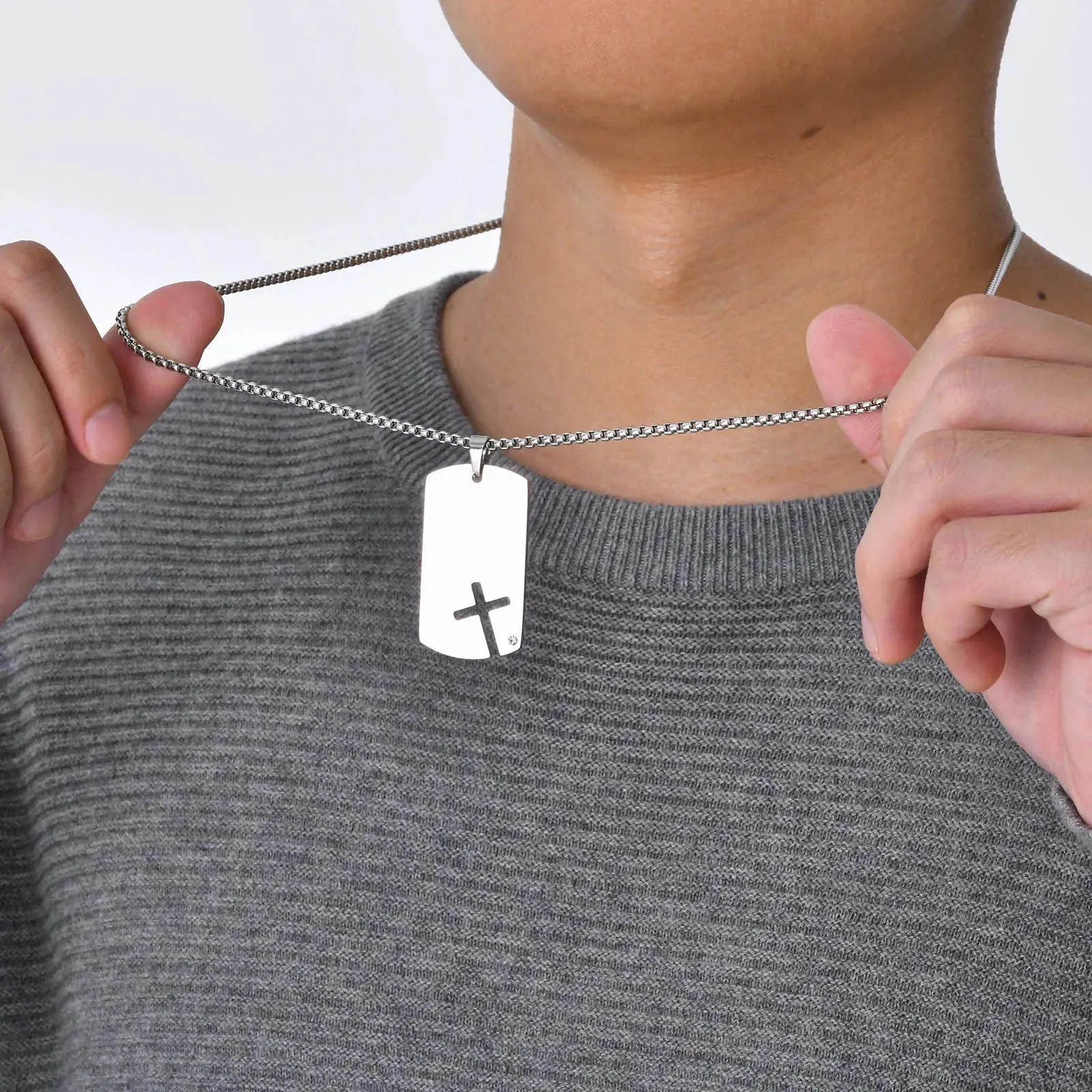 Mens Black Dog Tag Necklaces with Cubic Zirconia