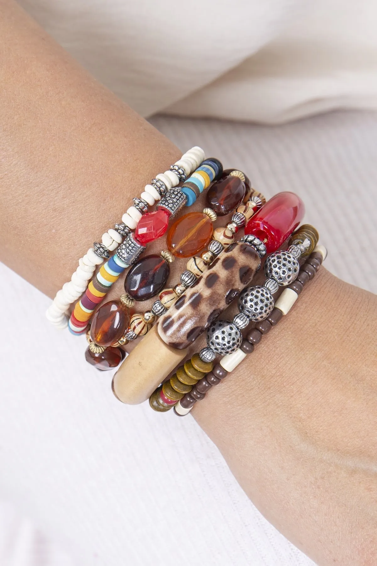 MIX BEADS WOOD, TUBULAR ACRYLIC, METAL VERSATILE CHARM BRACELET SET