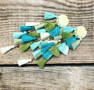 Mixture of Blues, Greens, & Cream Tassel Earrings