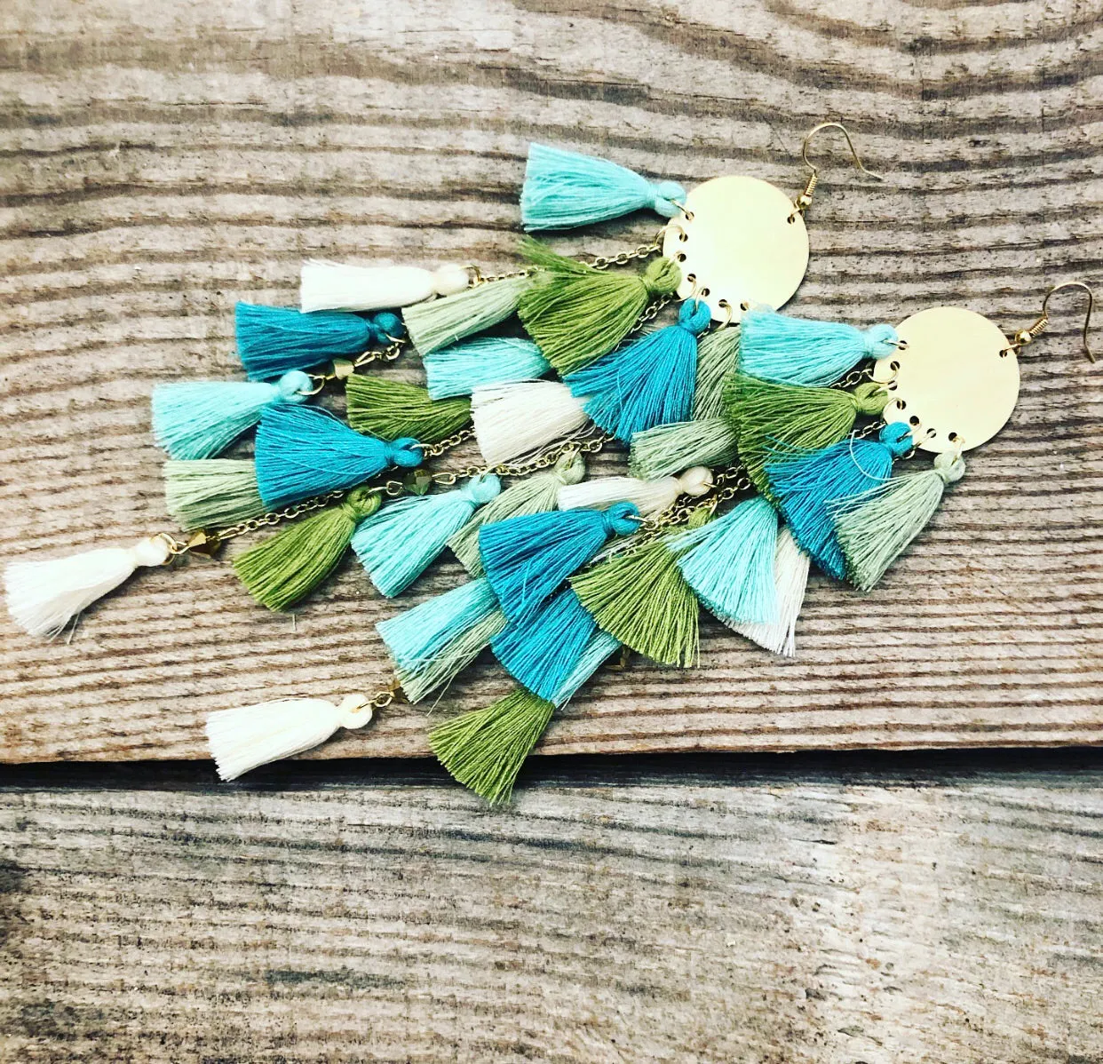 Mixture of Blues, Greens, & Cream Tassel Earrings