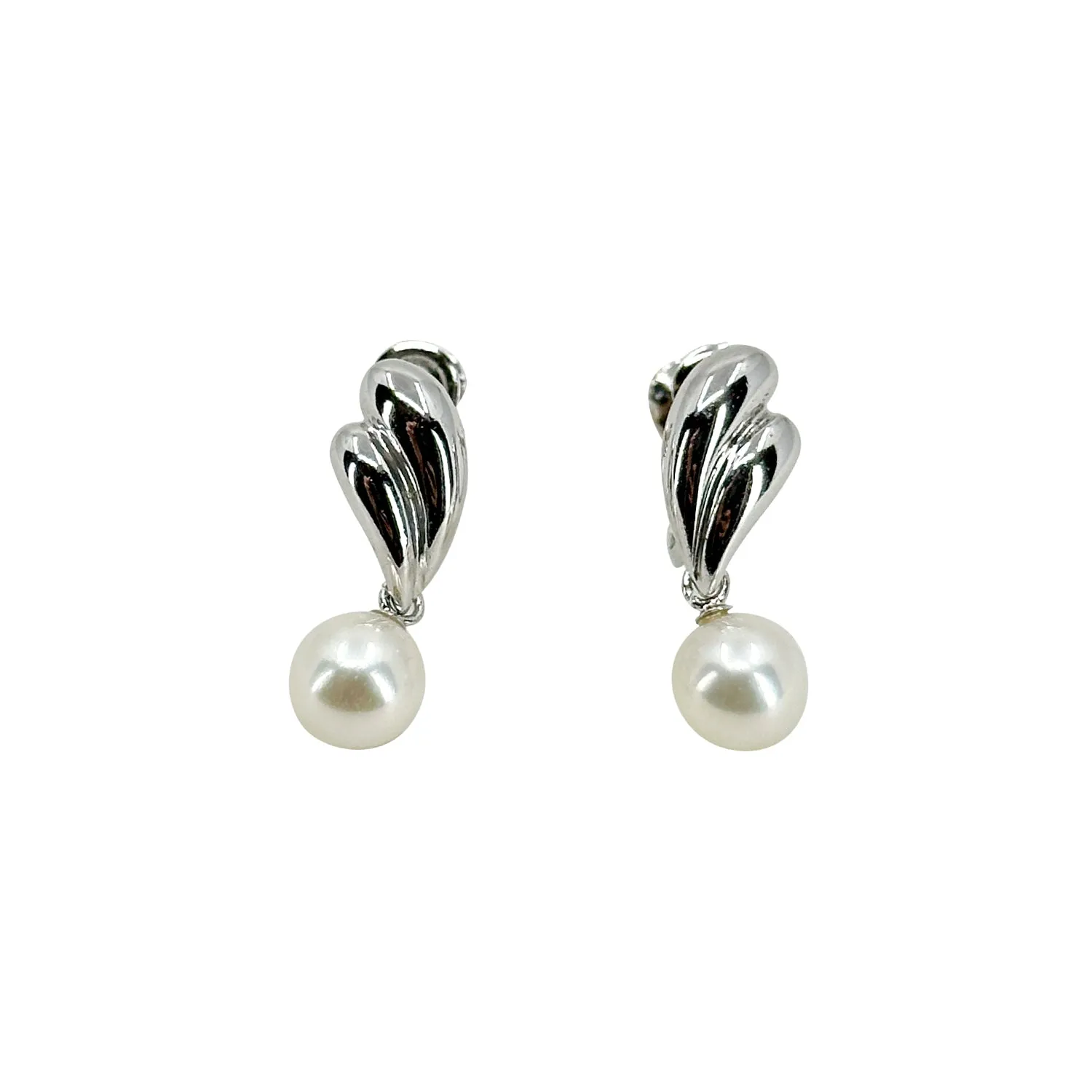 Modernist Drop Japan Saltwater Akoya Cultured Pearl Screwback Dangle Earrings- Sterling Silver