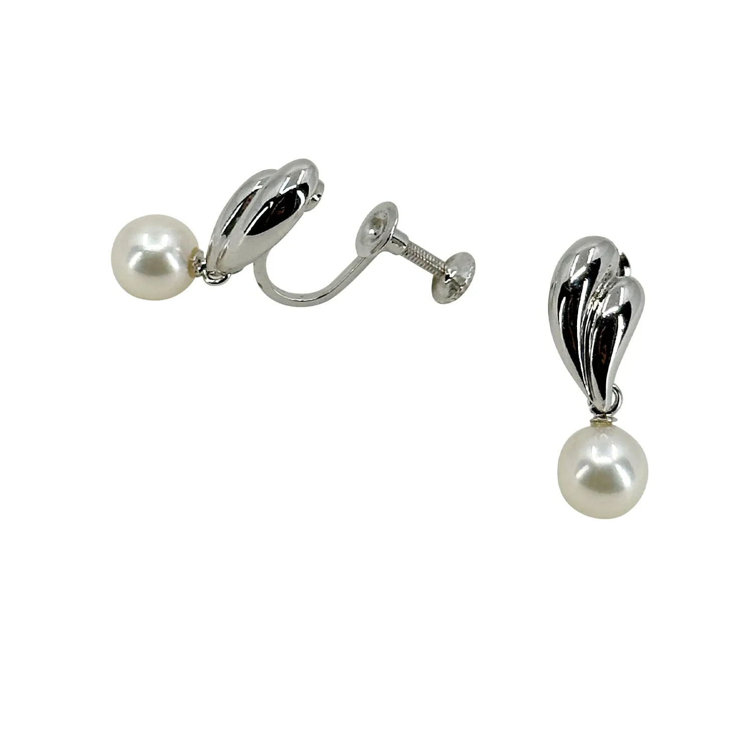 Modernist Drop Japan Saltwater Akoya Cultured Pearl Screwback Dangle Earrings- Sterling Silver