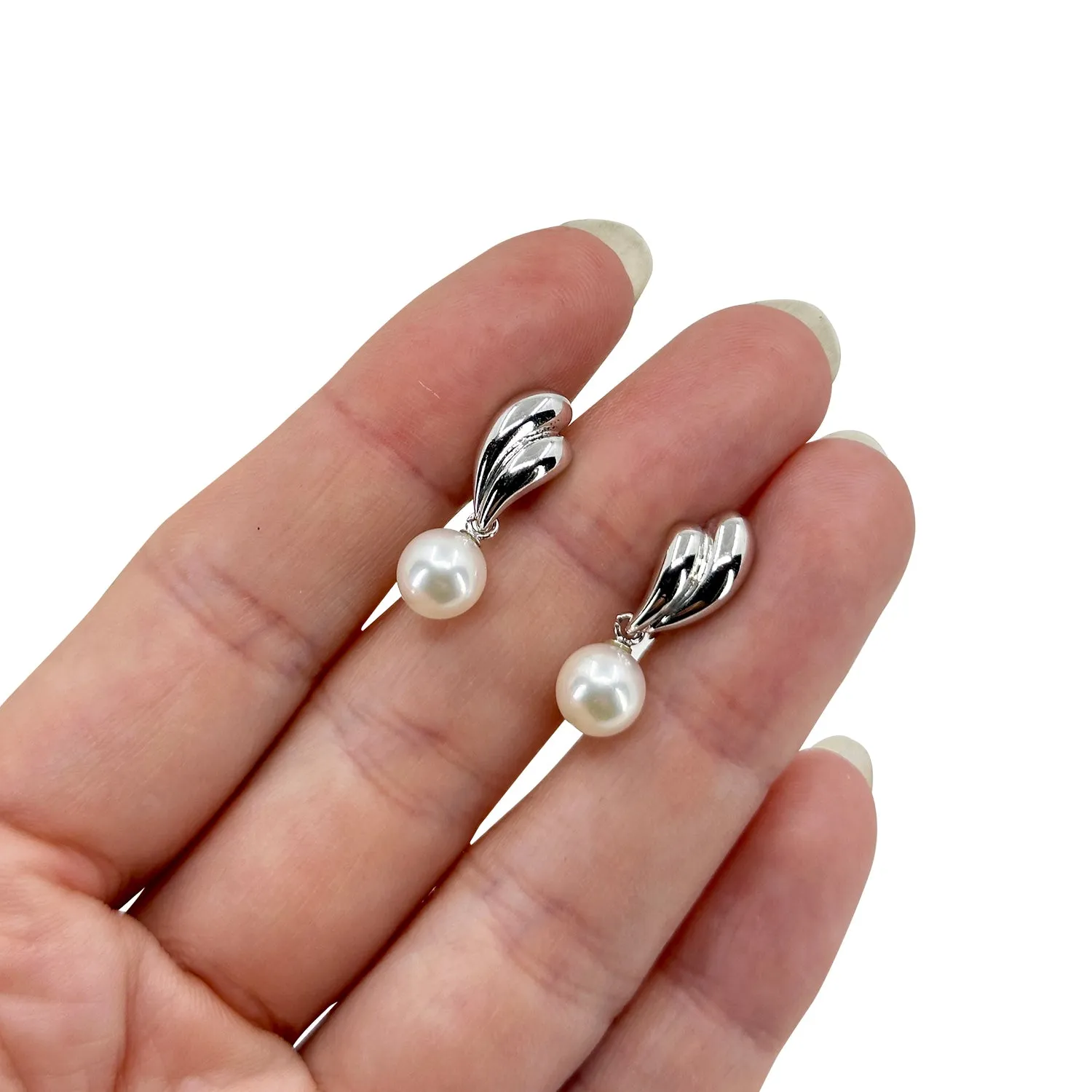 Modernist Drop Japan Saltwater Akoya Cultured Pearl Screwback Dangle Earrings- Sterling Silver