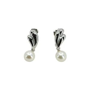 Modernist Drop Japan Saltwater Akoya Cultured Pearl Screwback Dangle Earrings- Sterling Silver