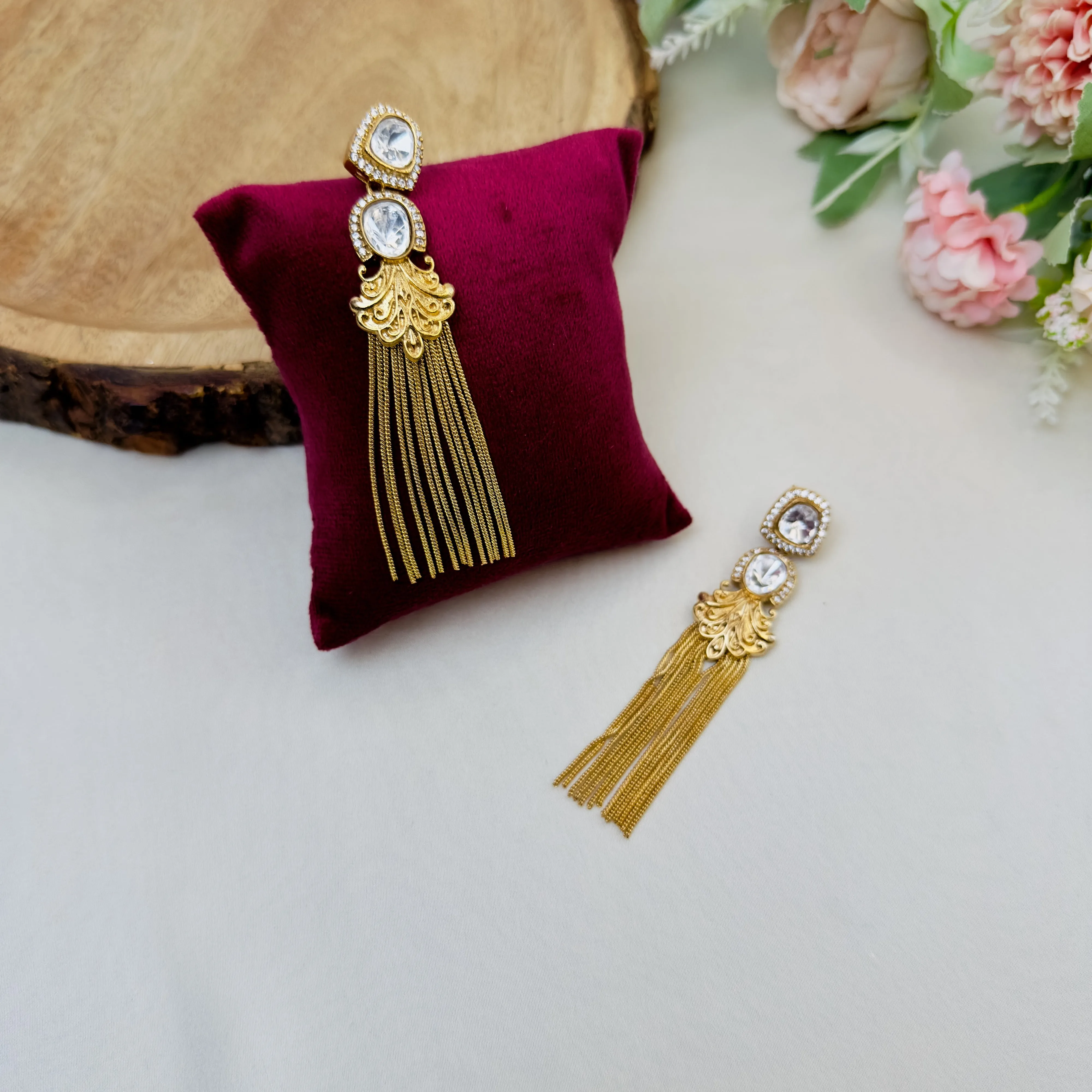 Moissanite and Golden Tassel Earrings