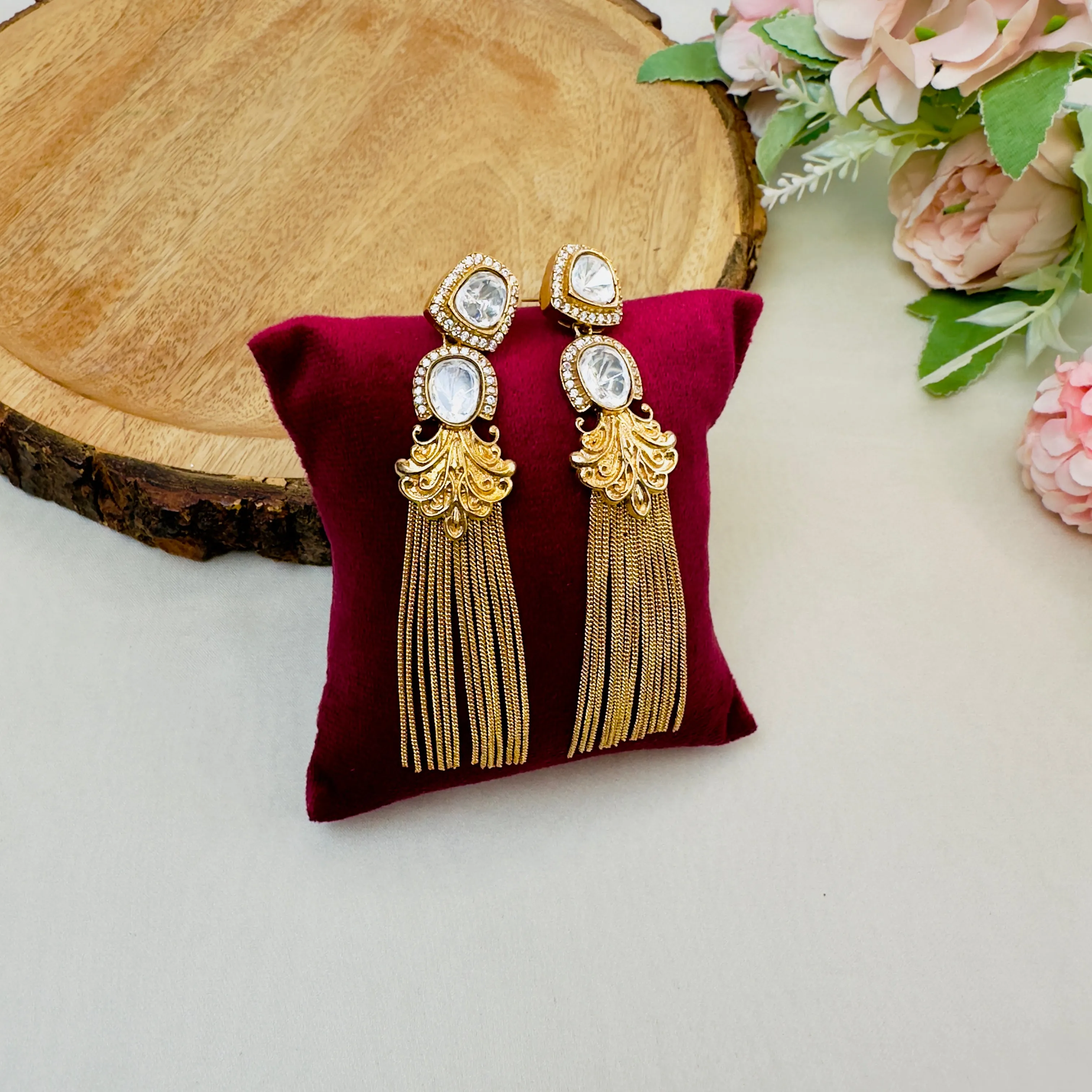 Moissanite and Golden Tassel Earrings