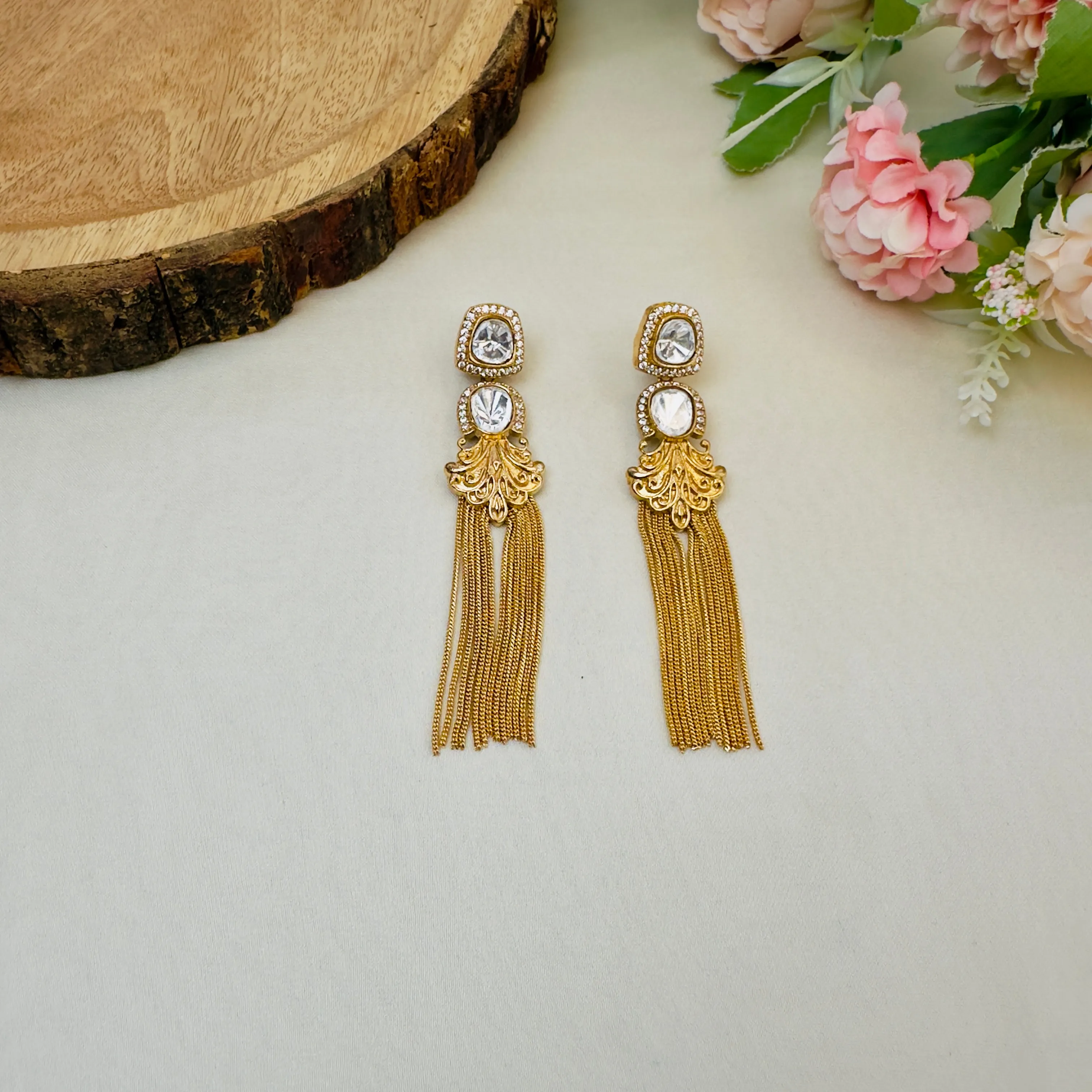 Moissanite and Golden Tassel Earrings