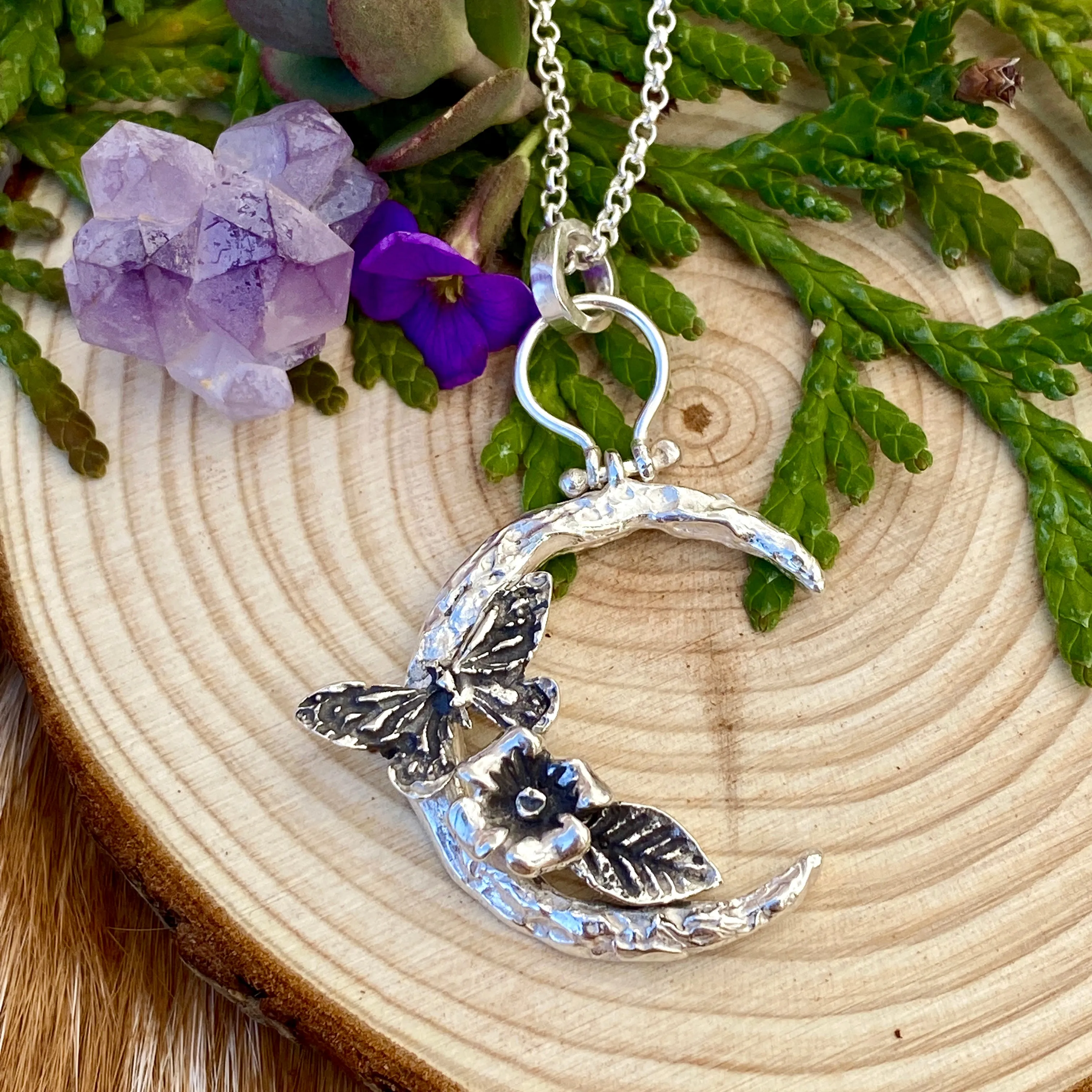 Moon Scape ~ Butterfly and flora sterling silver necklace