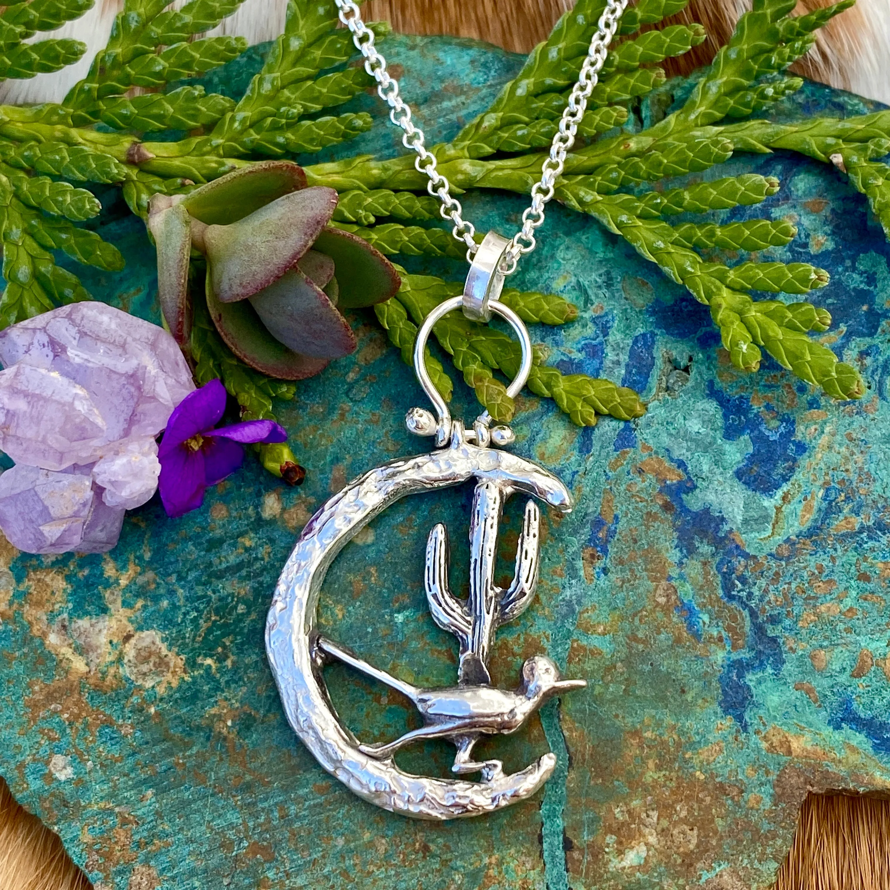 Moon Scape ~ Roadrunner and Saguaro cactus sterling silver necklace