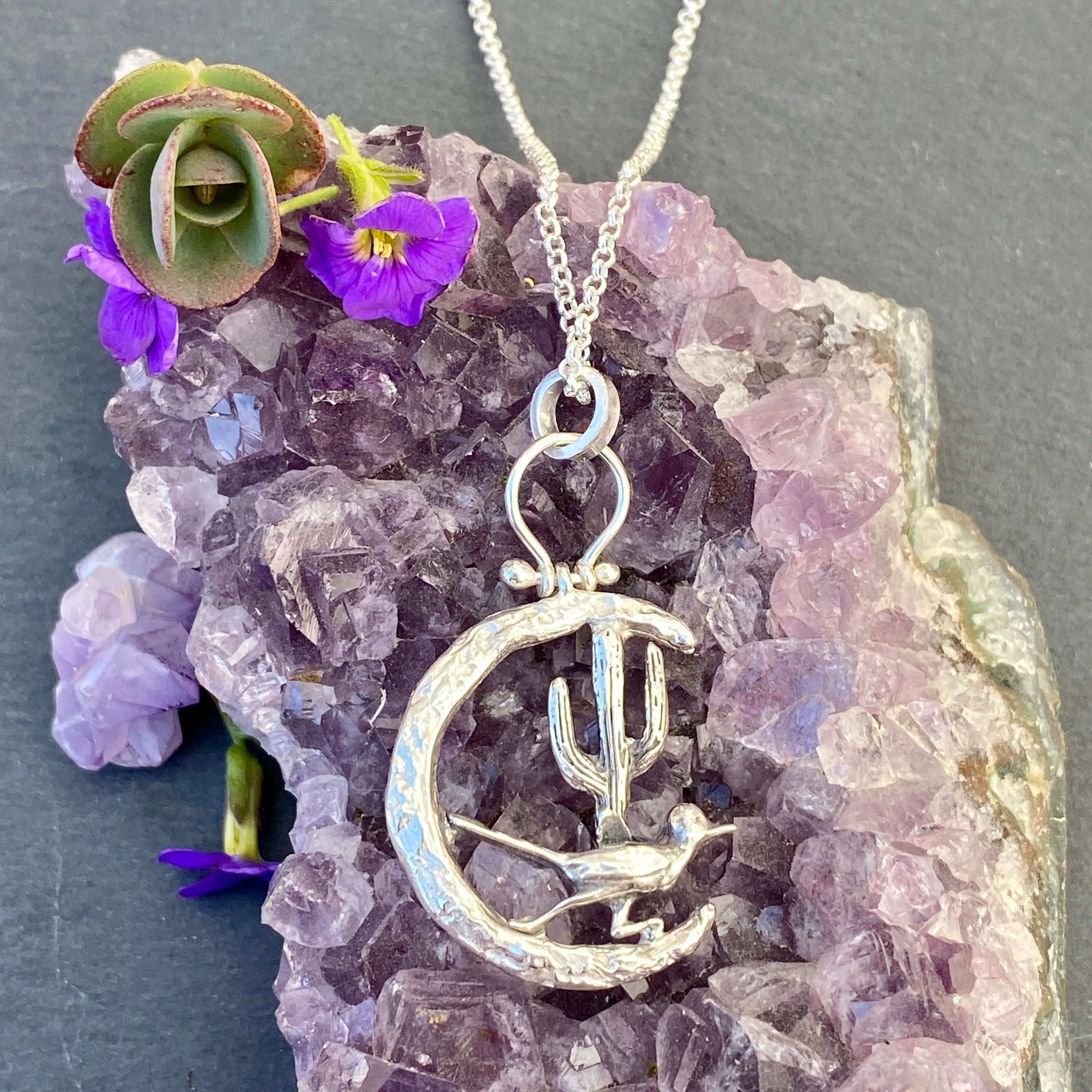 Moon Scape ~ Roadrunner and Saguaro cactus sterling silver necklace