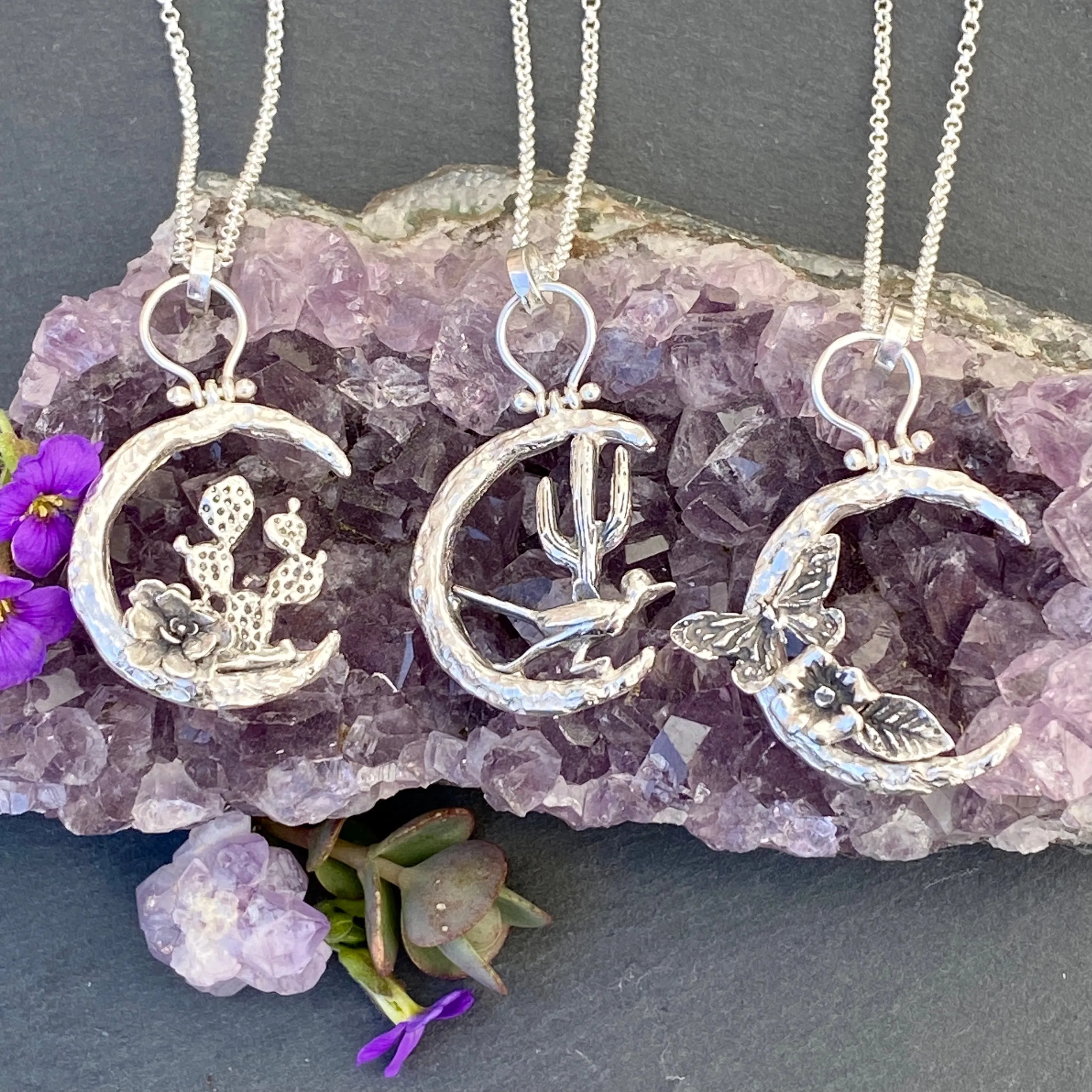 Moon Scape ~ Roadrunner and Saguaro cactus sterling silver necklace