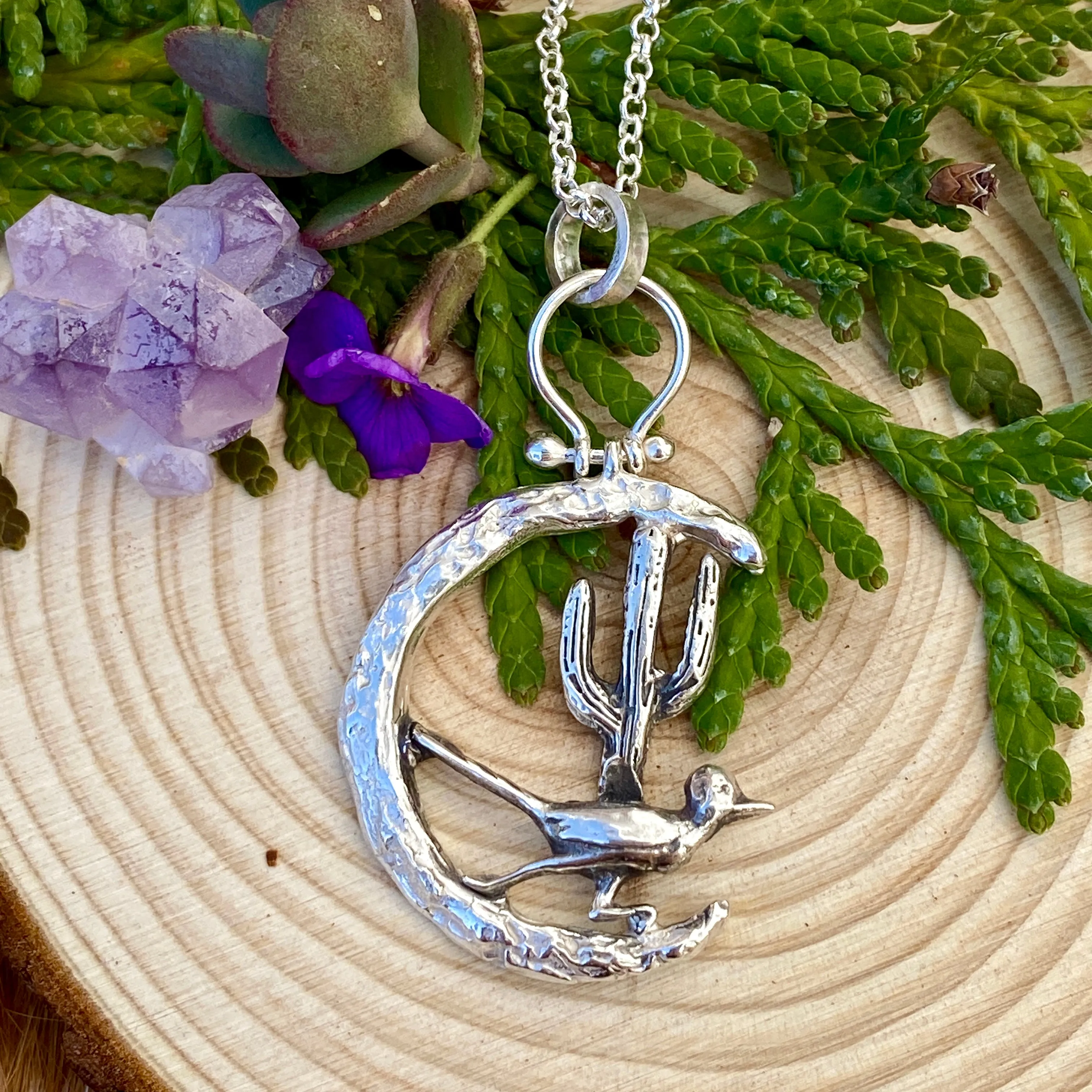 Moon Scape ~ Roadrunner and Saguaro cactus sterling silver necklace