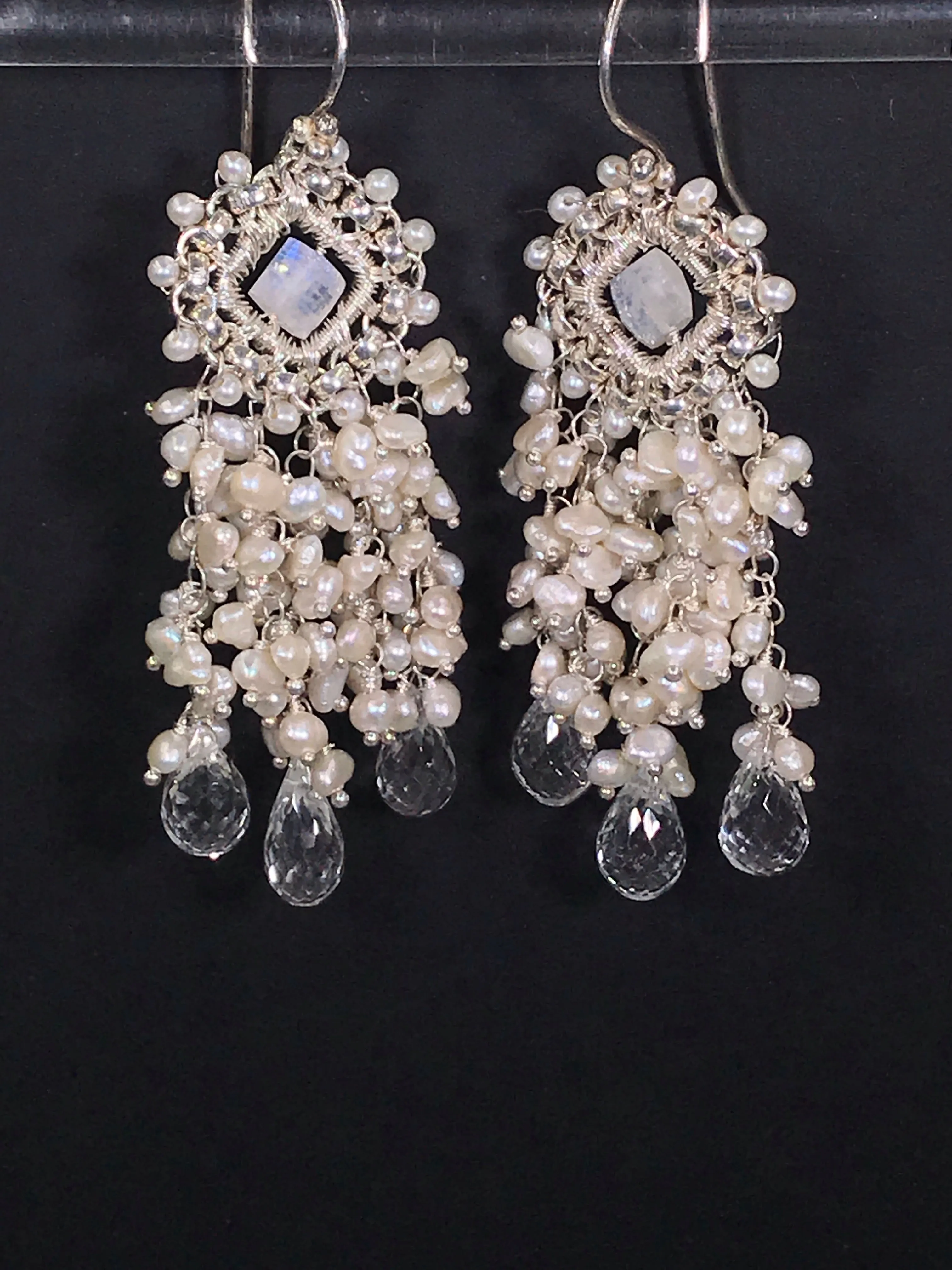 Moonstone and Pearl Chandelier Statement Bridal Wedding Earrings