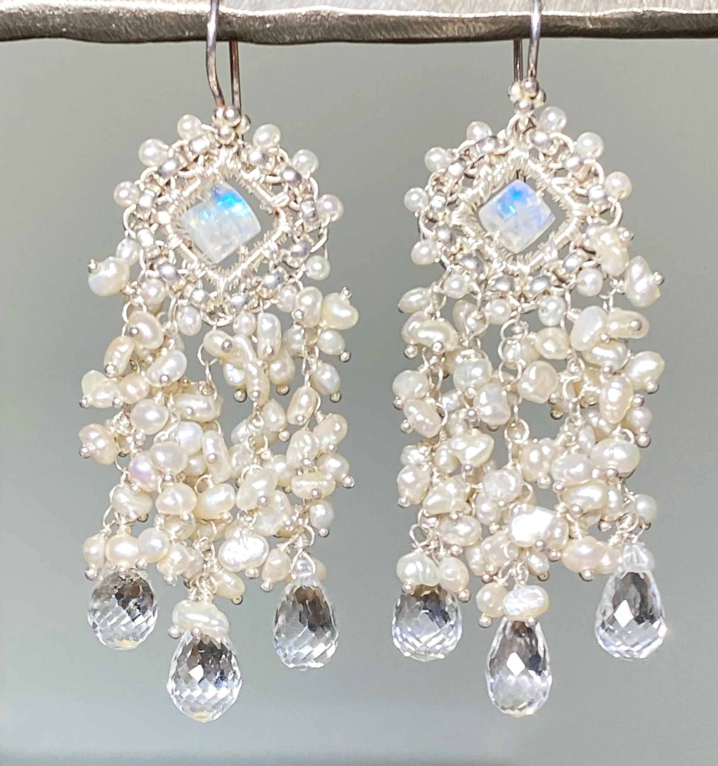 Moonstone and Pearl Chandelier Statement Bridal Wedding Earrings