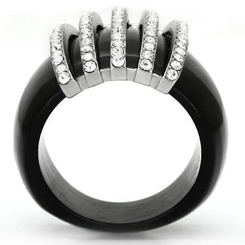MTLV990 - Statement Ring for Sure! Black ION Plating 5 vertical Rows of Round Cut Crystals