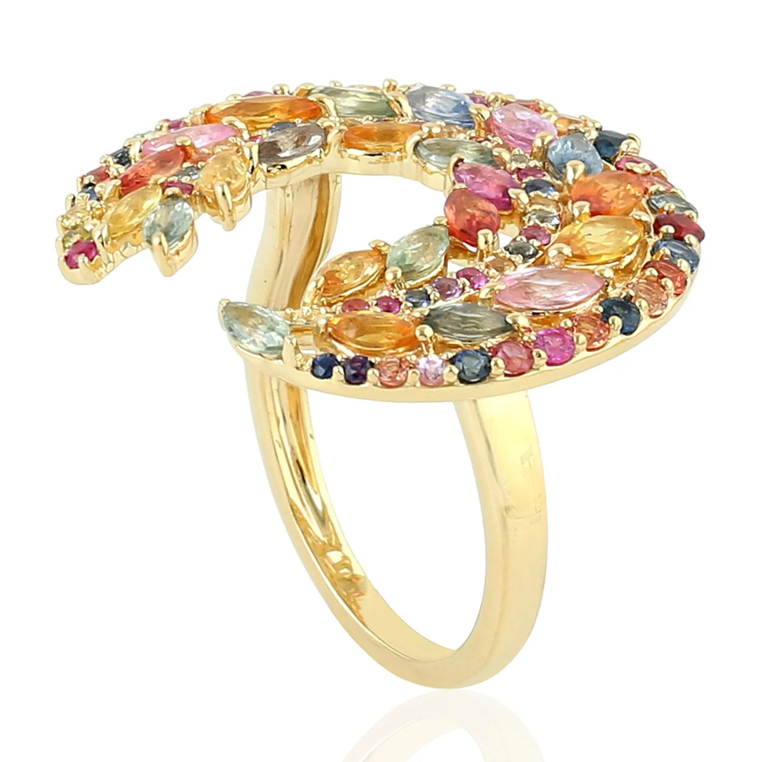 Multi Sapphire Marquise Round Gemstone Crescent Ring Made In 18K Yellow Gold