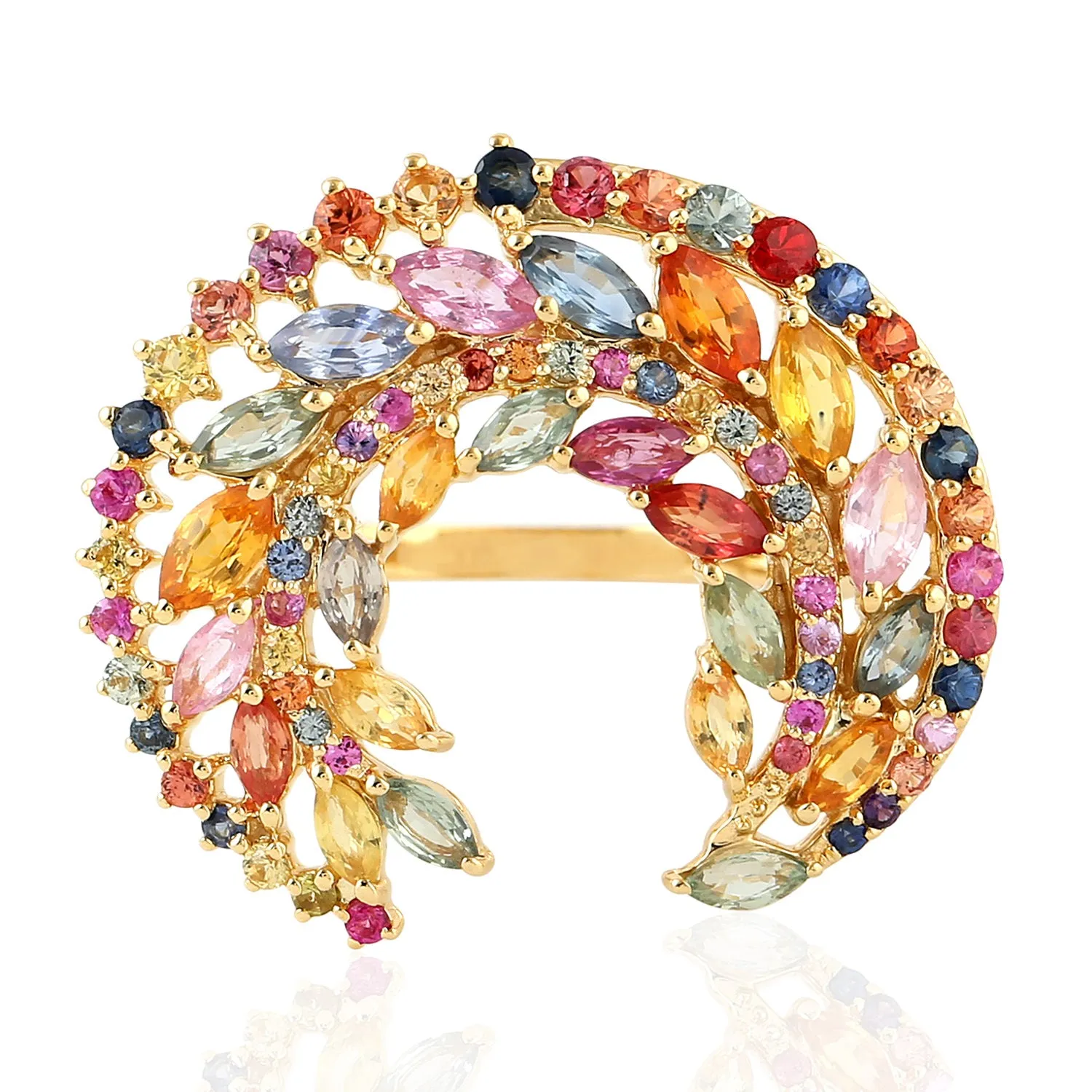 Multi Sapphire Marquise Round Gemstone Crescent Ring Made In 18K Yellow Gold