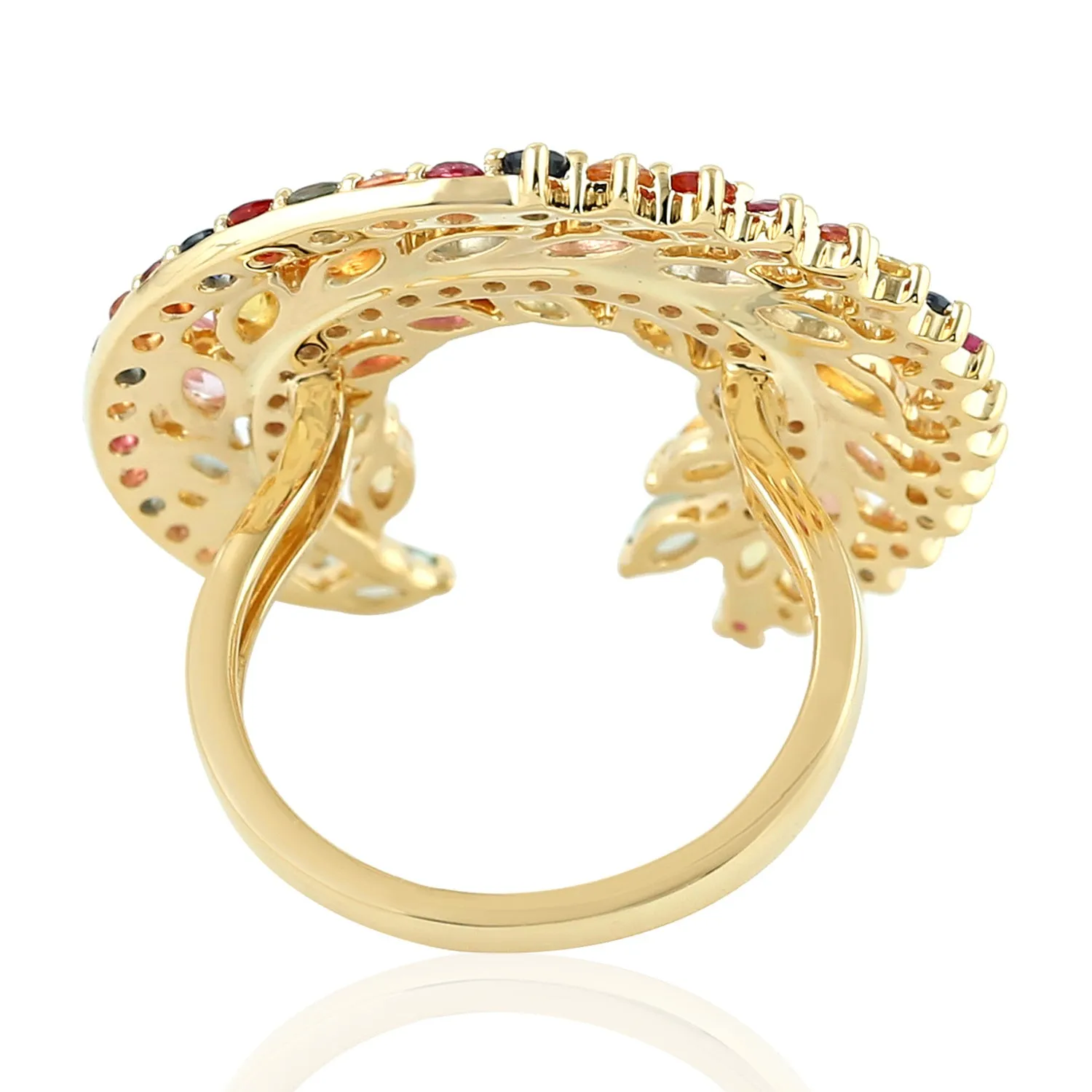 Multi Sapphire Marquise Round Gemstone Crescent Ring Made In 18K Yellow Gold