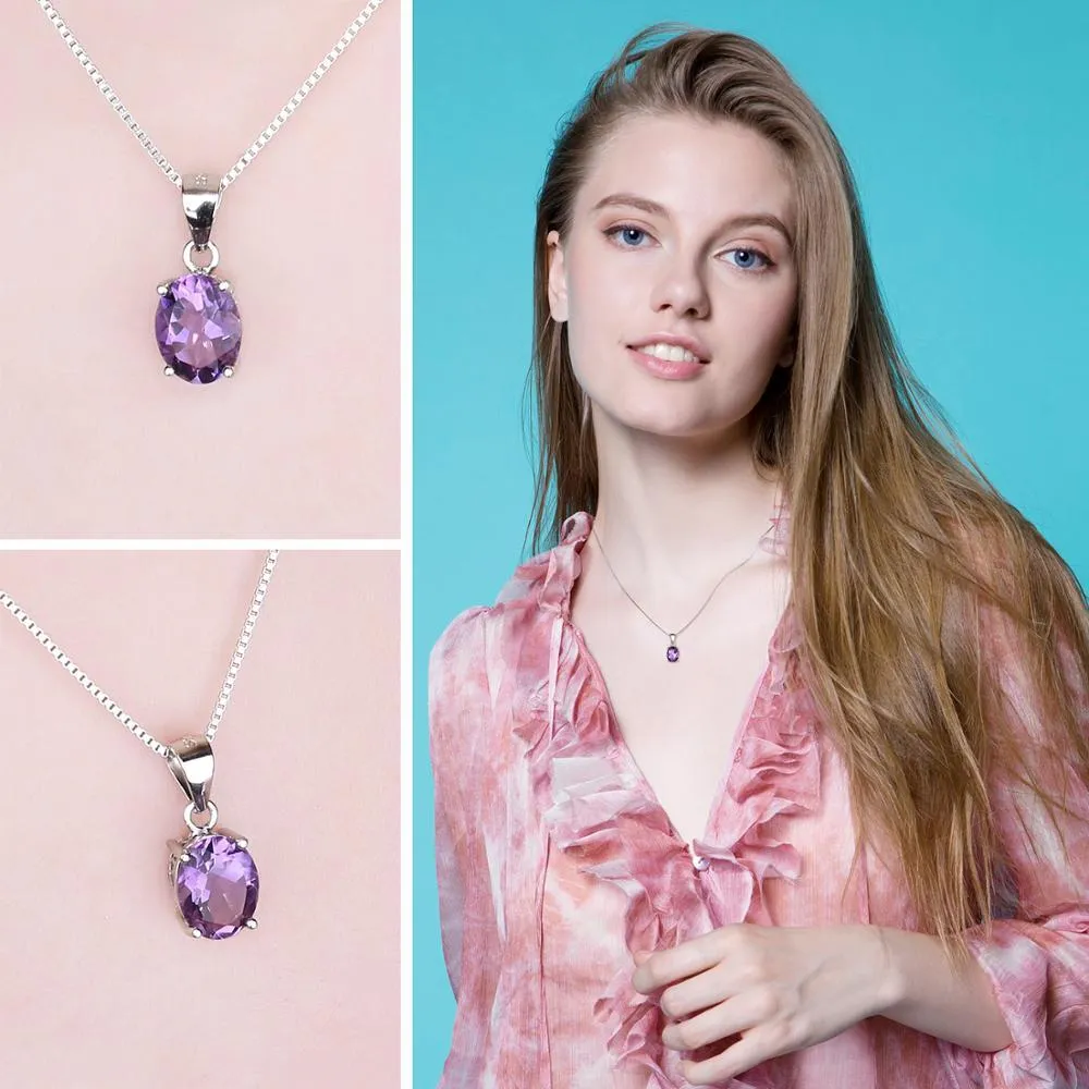 Natural Amethyst Gemstone Pendant Necklace 925 Sterling Silver Women's Jewelry