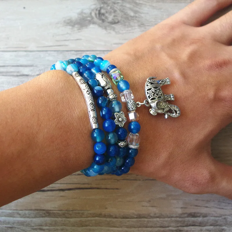 Natural Blue Tourmaline Buddha and Elephant Charm Wrap Bracelet