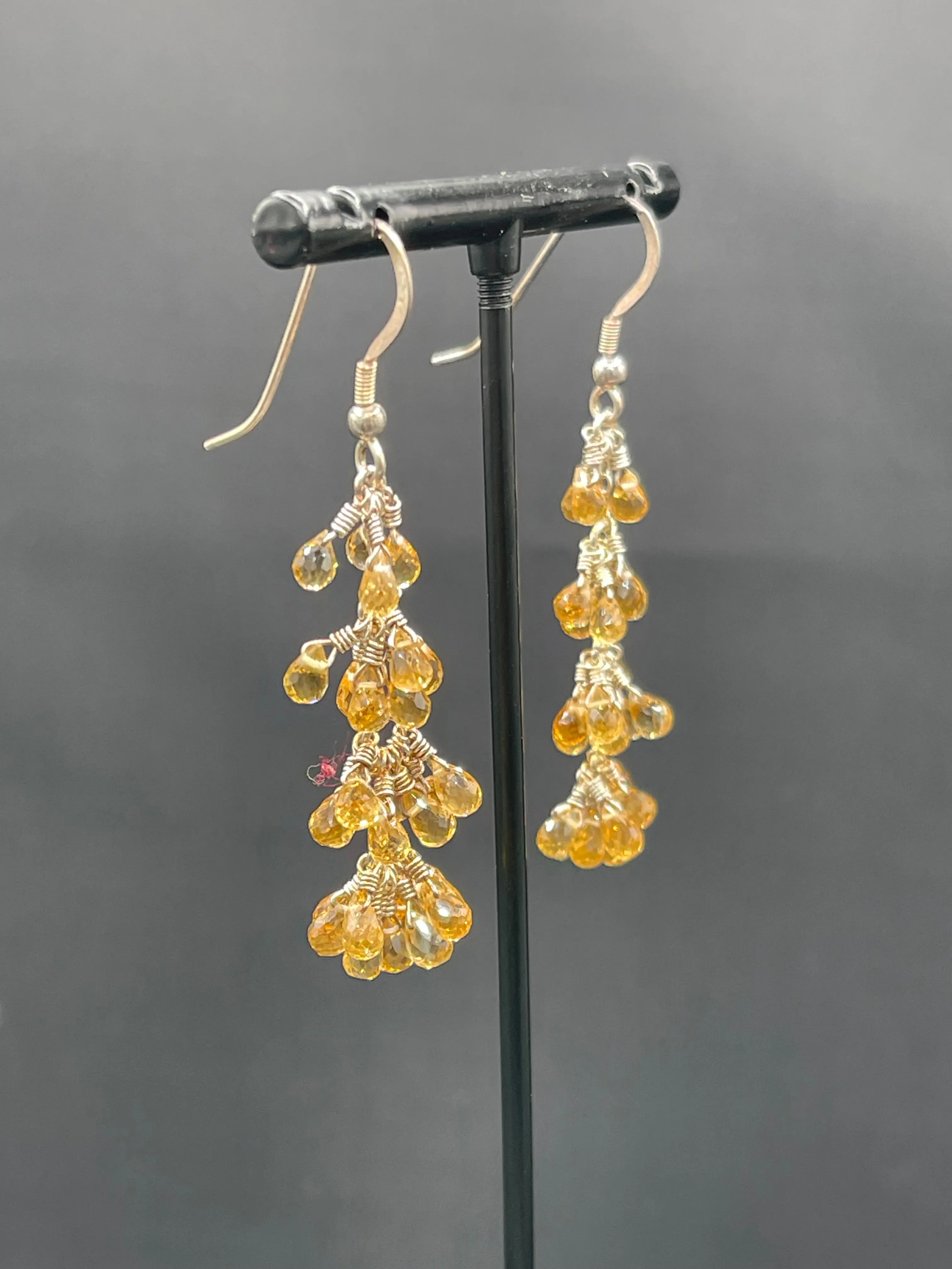 Natural Citrine Briolette Cut Sterling Silver Wire Wrapped Dangle Earrings
