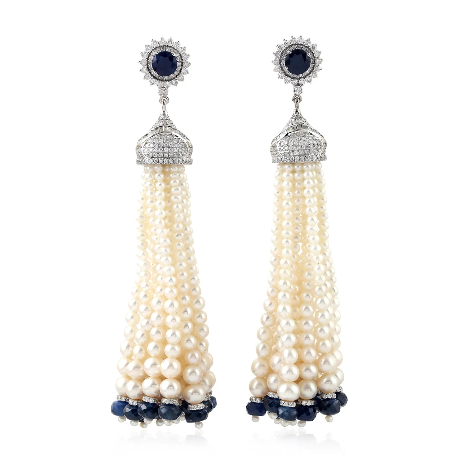 Natural Pearl Tassel Earrings 18K White Gold Diamond Jewelry Gift