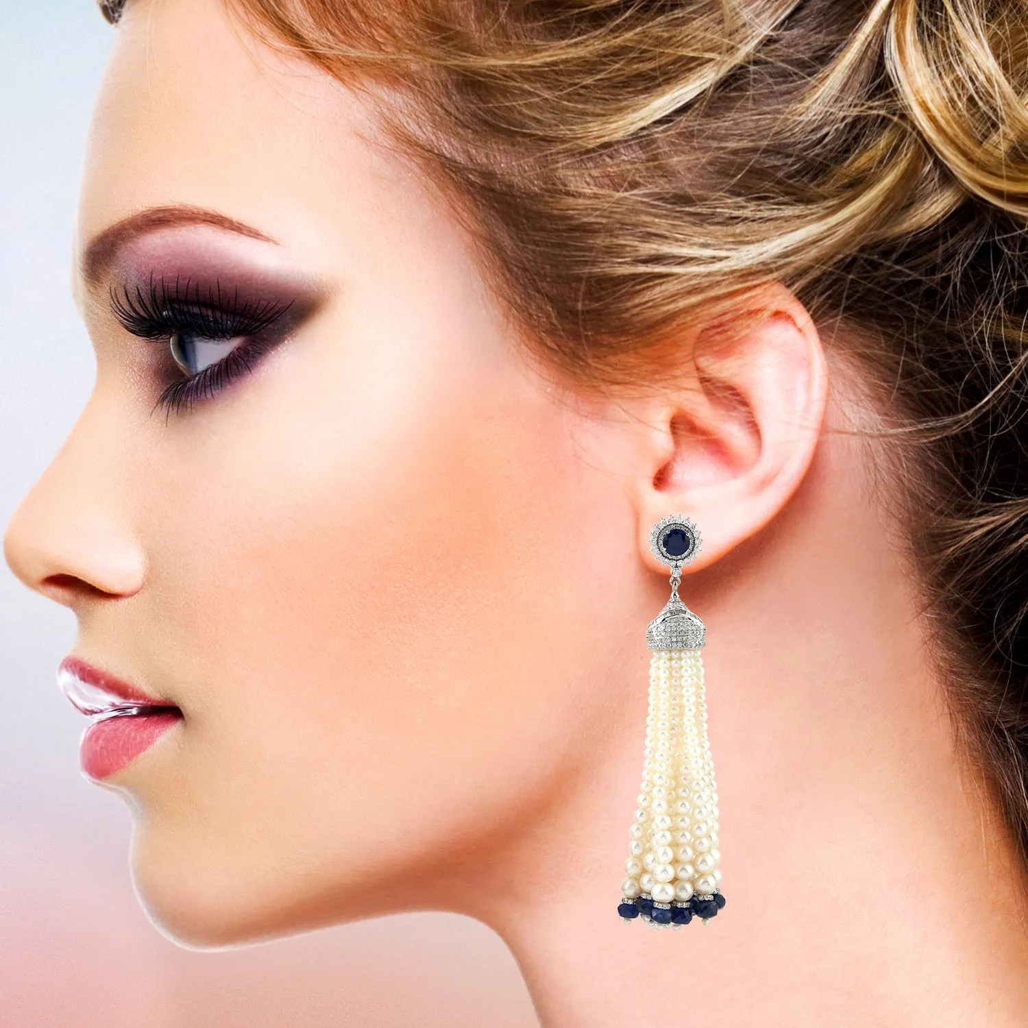 Natural Pearl Tassel Earrings 18K White Gold Diamond Jewelry Gift