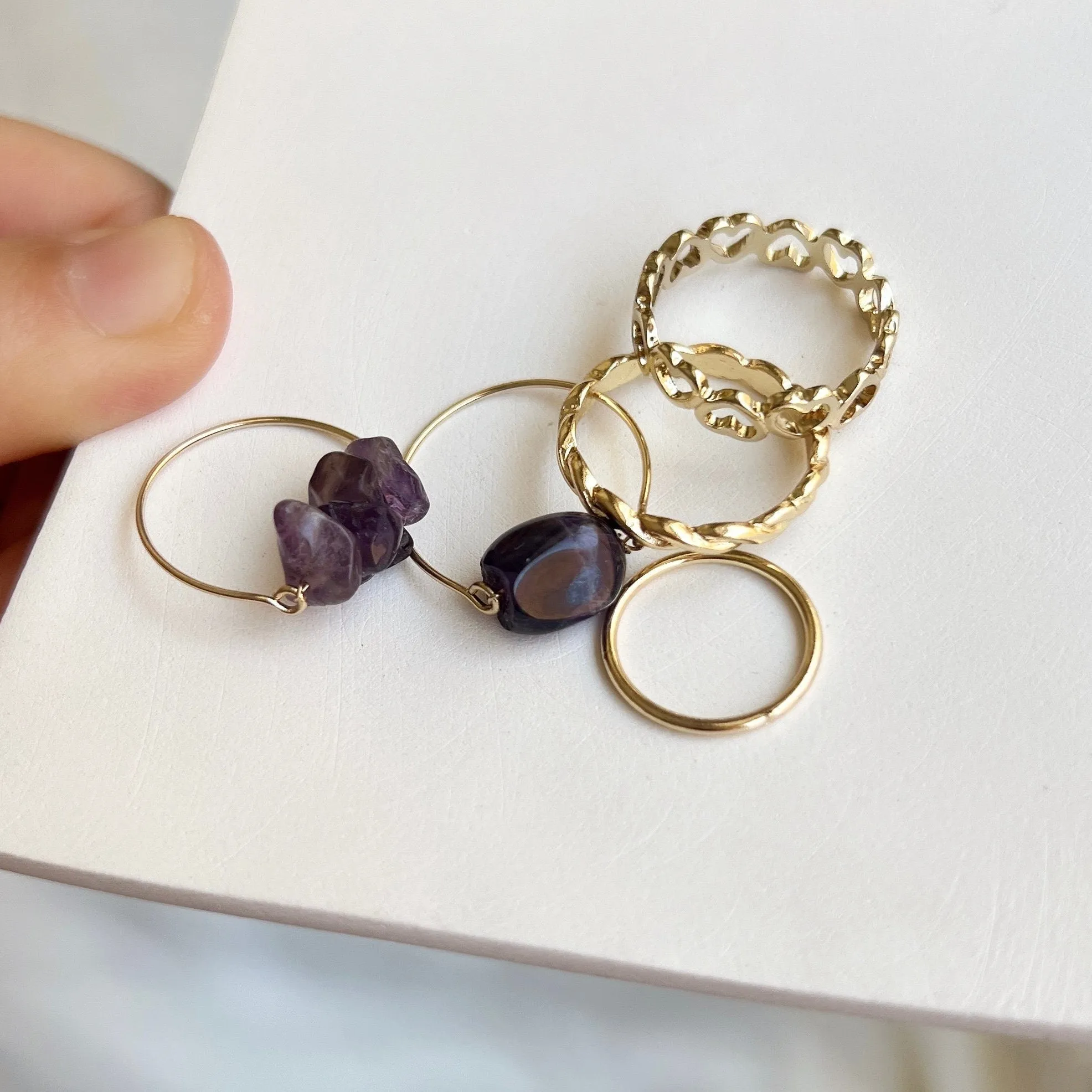 Natural Stone Stackable Ring Set, Boho Style Multiple Finger Rings