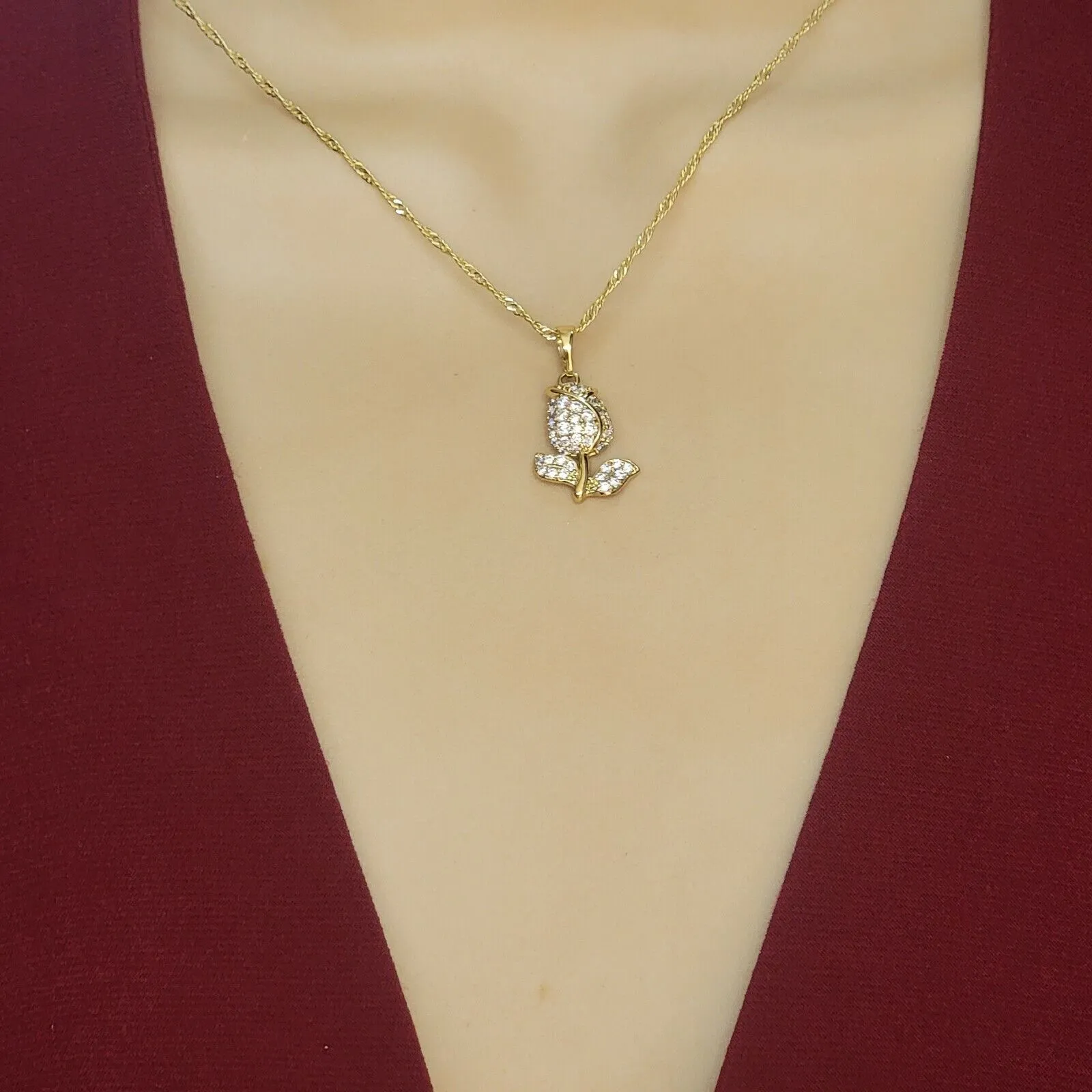 Necklaces - 14K Gold Plated. Icy Rose Flower Pendant & Chain.
