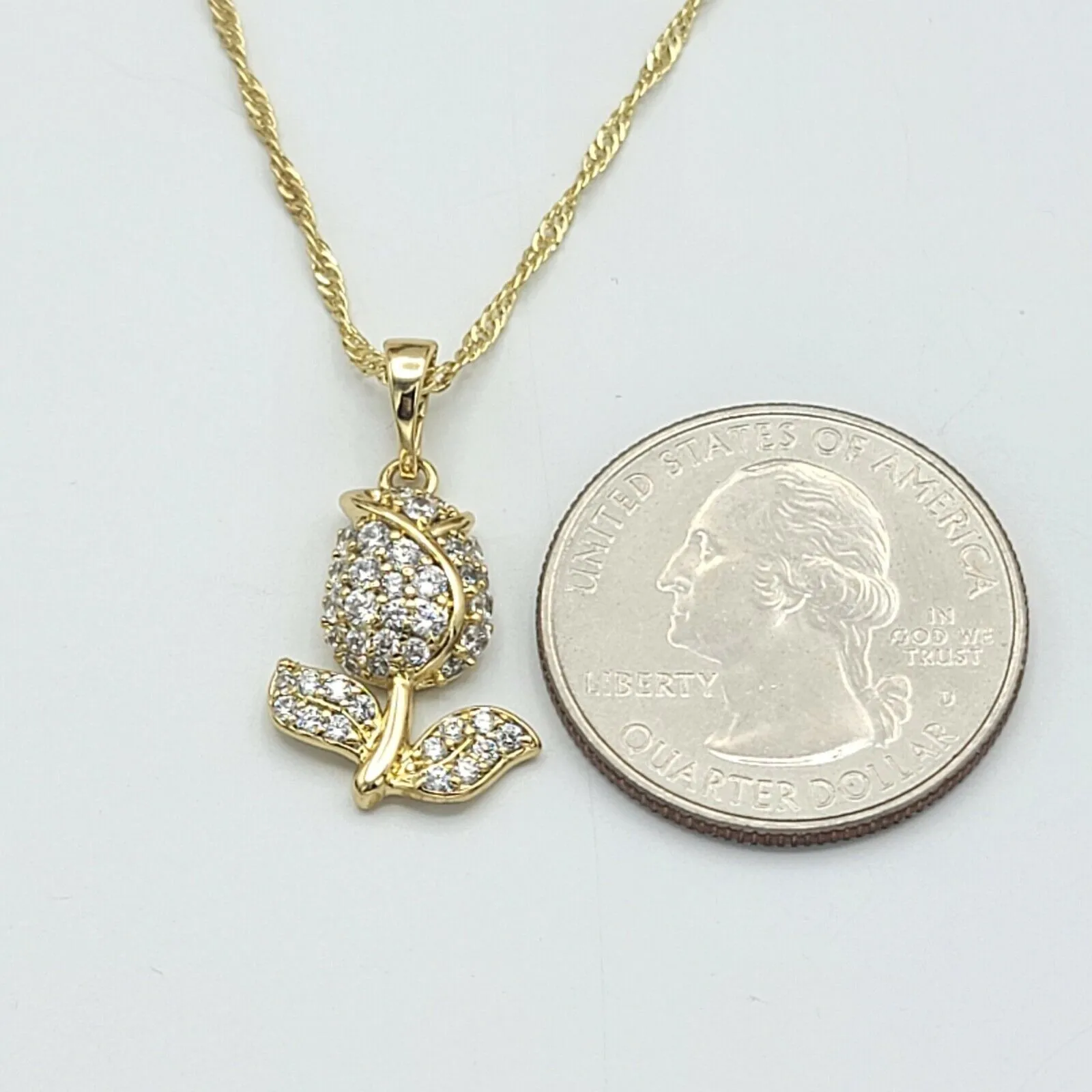 Necklaces - 14K Gold Plated. Icy Rose Flower Pendant & Chain.