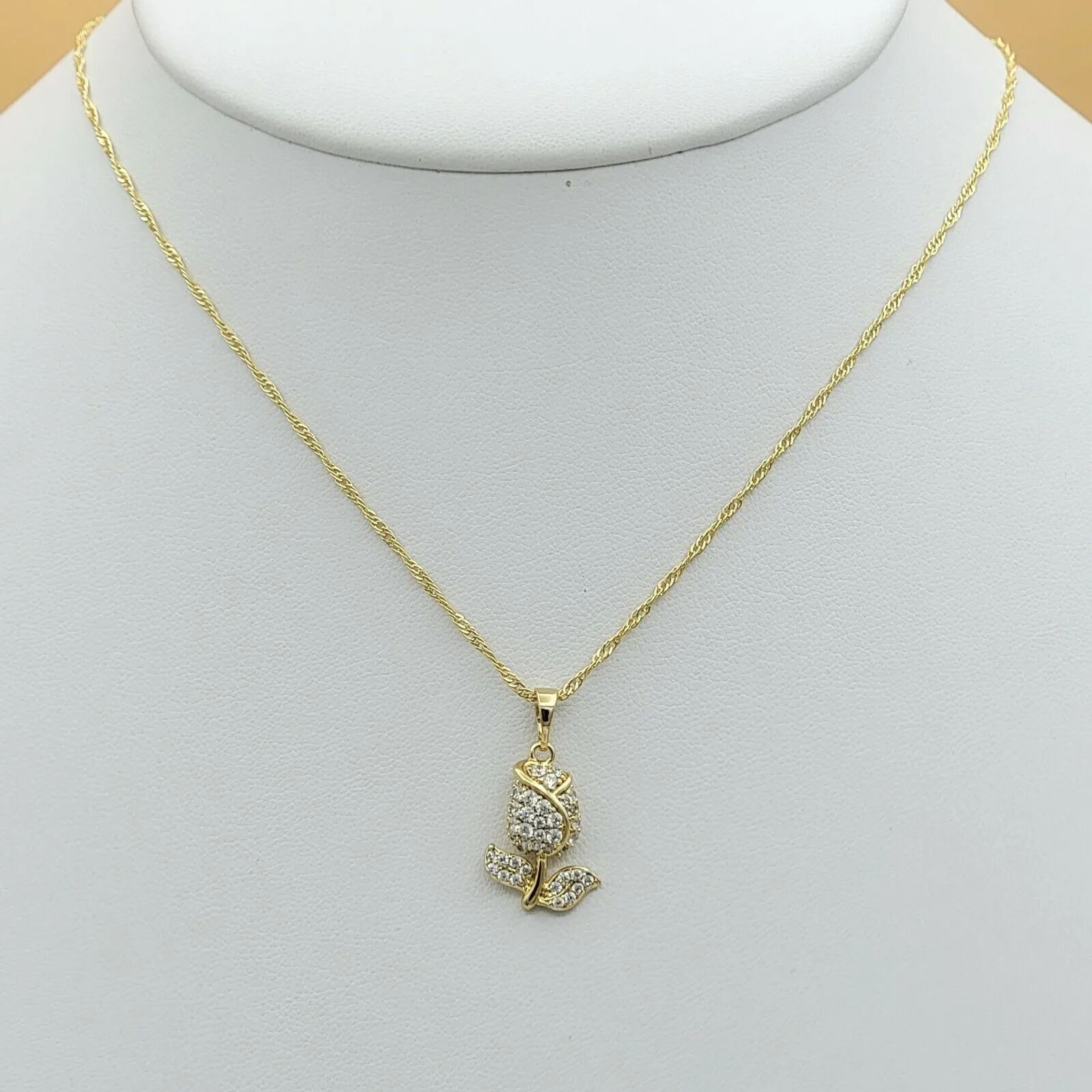 Necklaces - 14K Gold Plated. Icy Rose Flower Pendant & Chain.