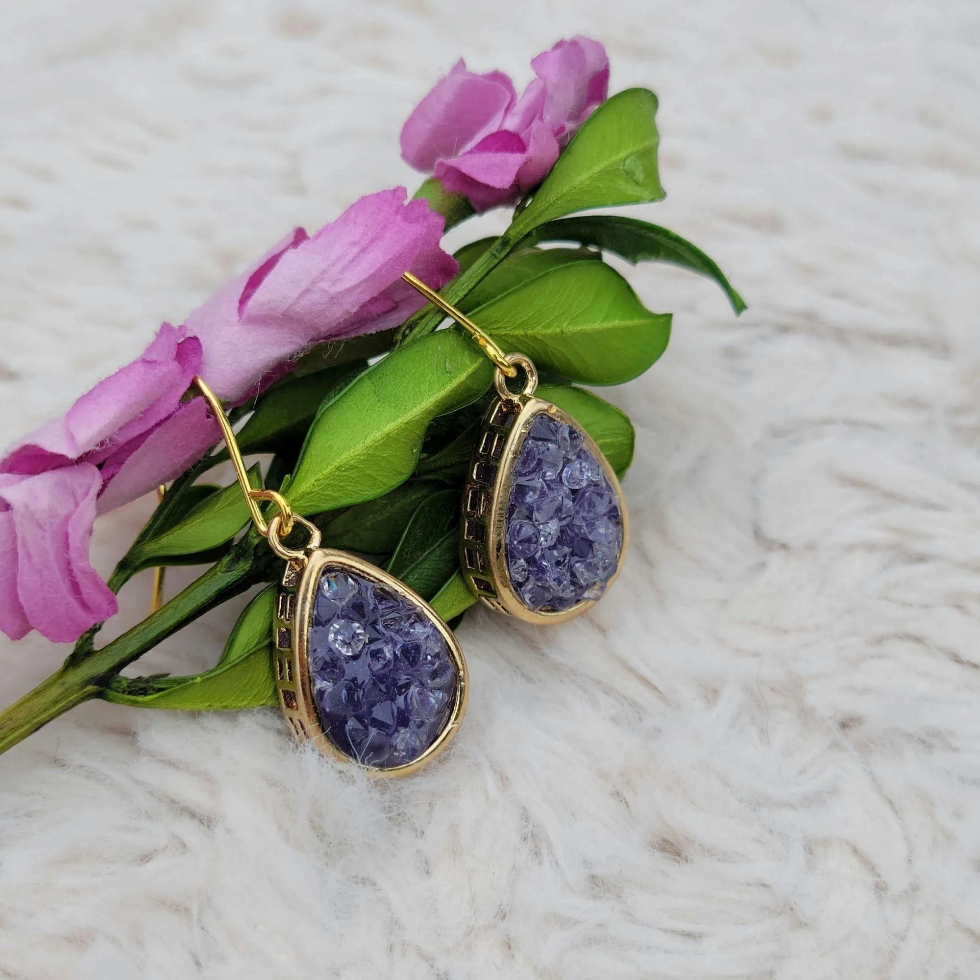 NEW Blue Druzy Gold Color Dangle Drop Earrings - 1.25 Inches Long