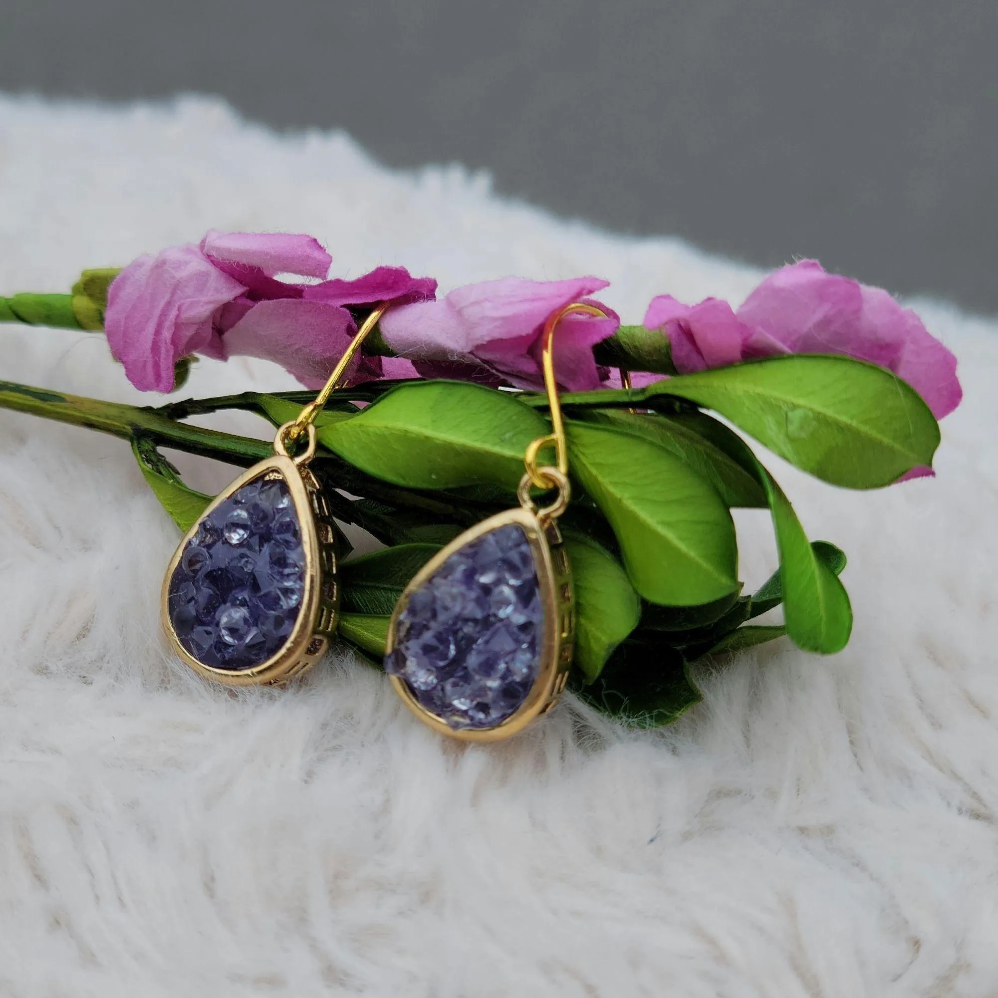 NEW Blue Druzy Gold Color Dangle Drop Earrings - 1.25 Inches Long