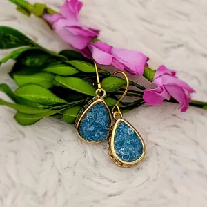 NEW Blue Druzy Gold Color Dangle Drop Earrings - 1.25 Inches Long