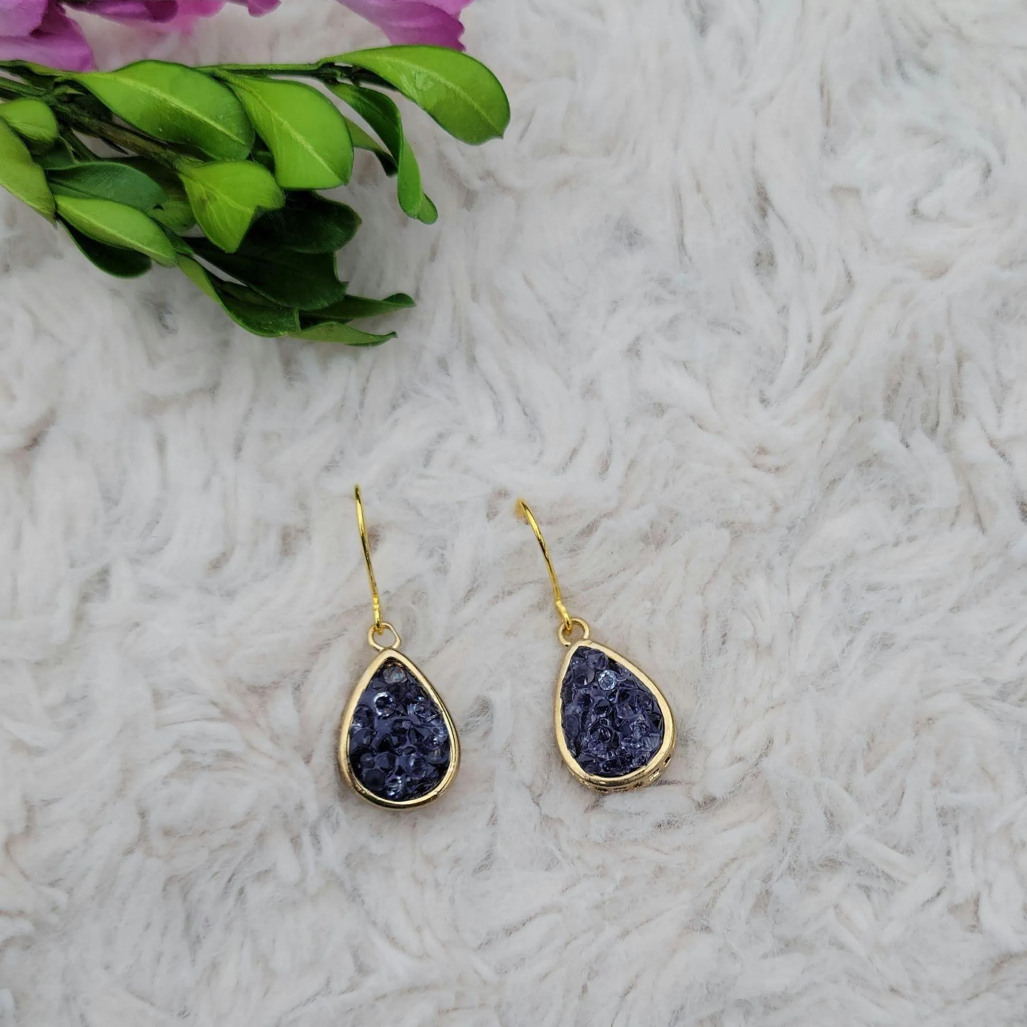 NEW Blue Druzy Gold Color Dangle Drop Earrings - 1.25 Inches Long