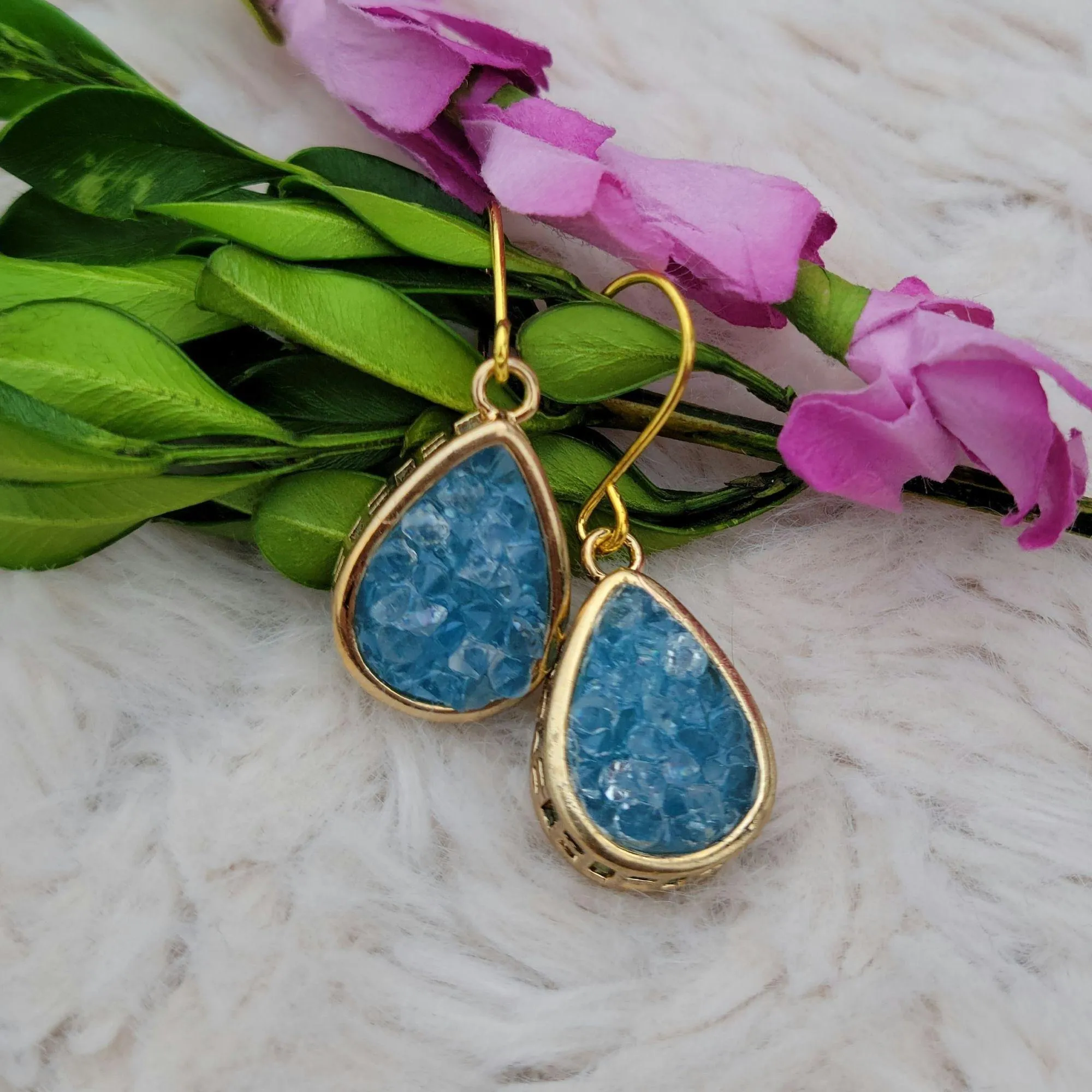 NEW Blue Druzy Gold Color Dangle Drop Earrings - 1.25 Inches Long