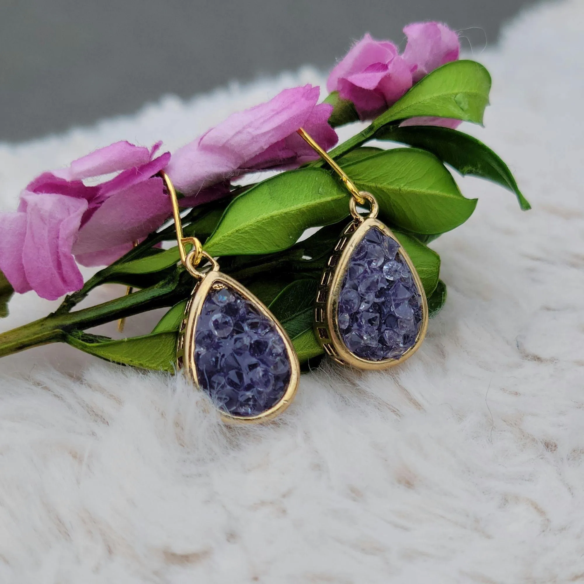 NEW Blue Druzy Gold Color Dangle Drop Earrings - 1.25 Inches Long