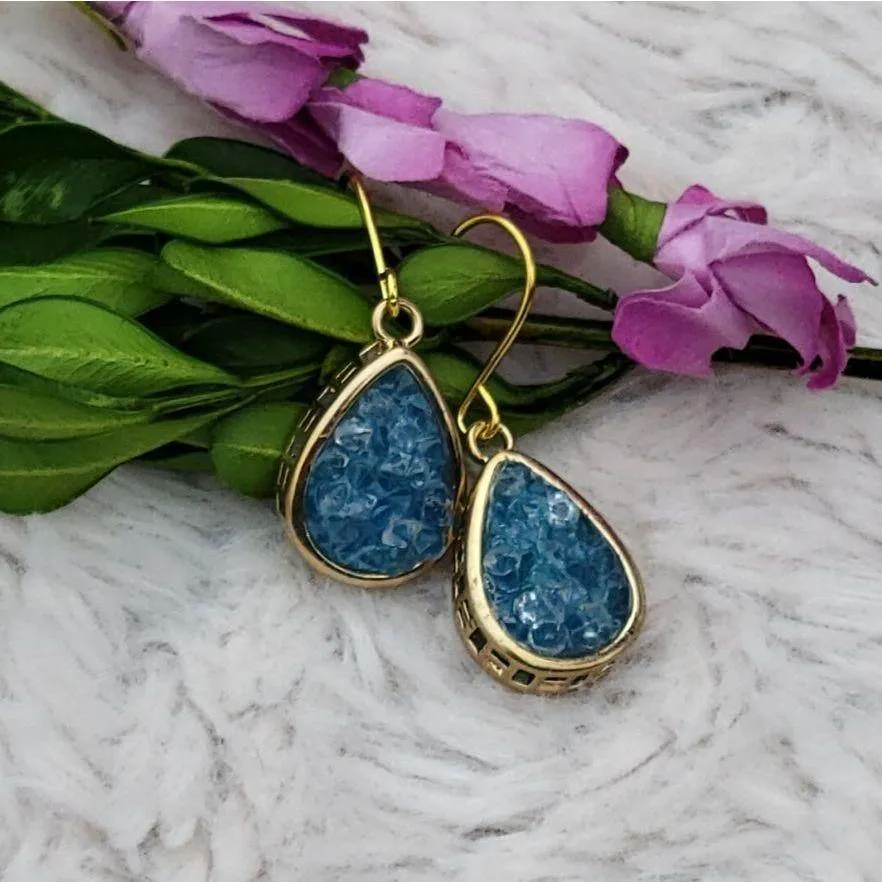NEW Blue Druzy Gold Color Dangle Drop Earrings - 1.25 Inches Long