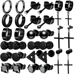 New ONESING 15 Pairs Stainless Steel Black Earrings for Men & Women