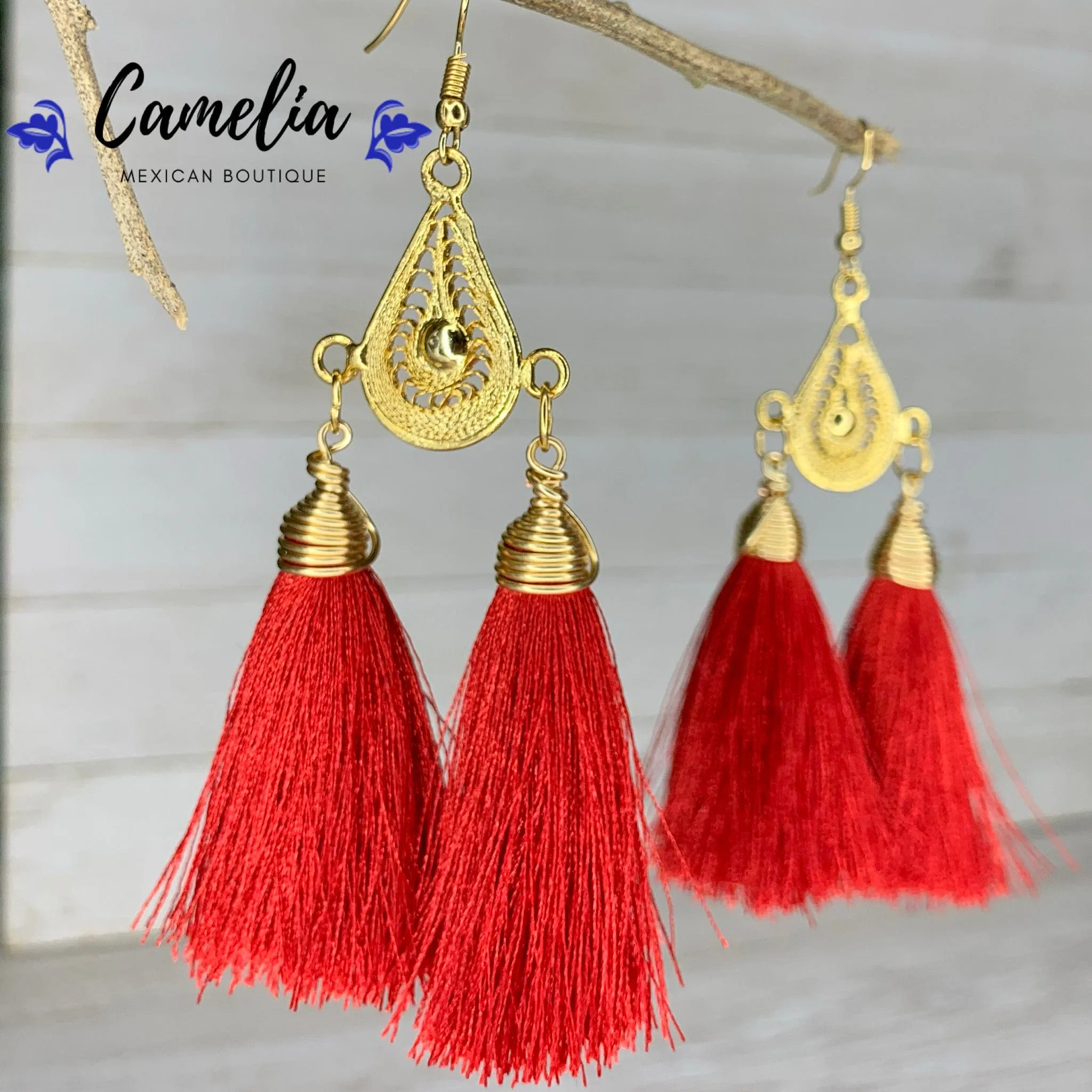 Oaxacan Filigree Tasseled Earrings - Red