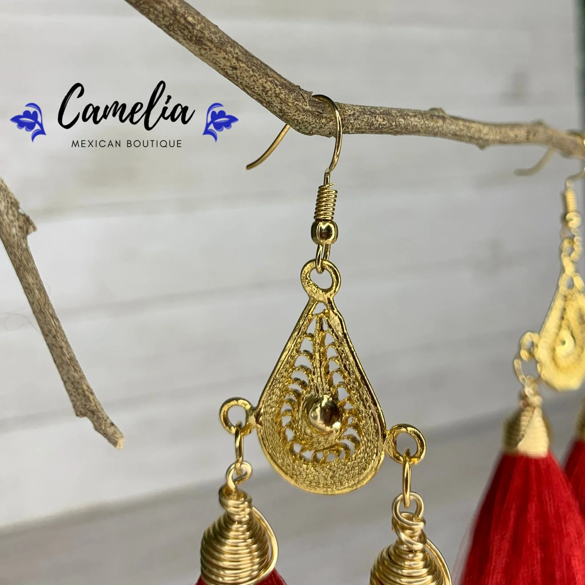 Oaxacan Filigree Tasseled Earrings - Red