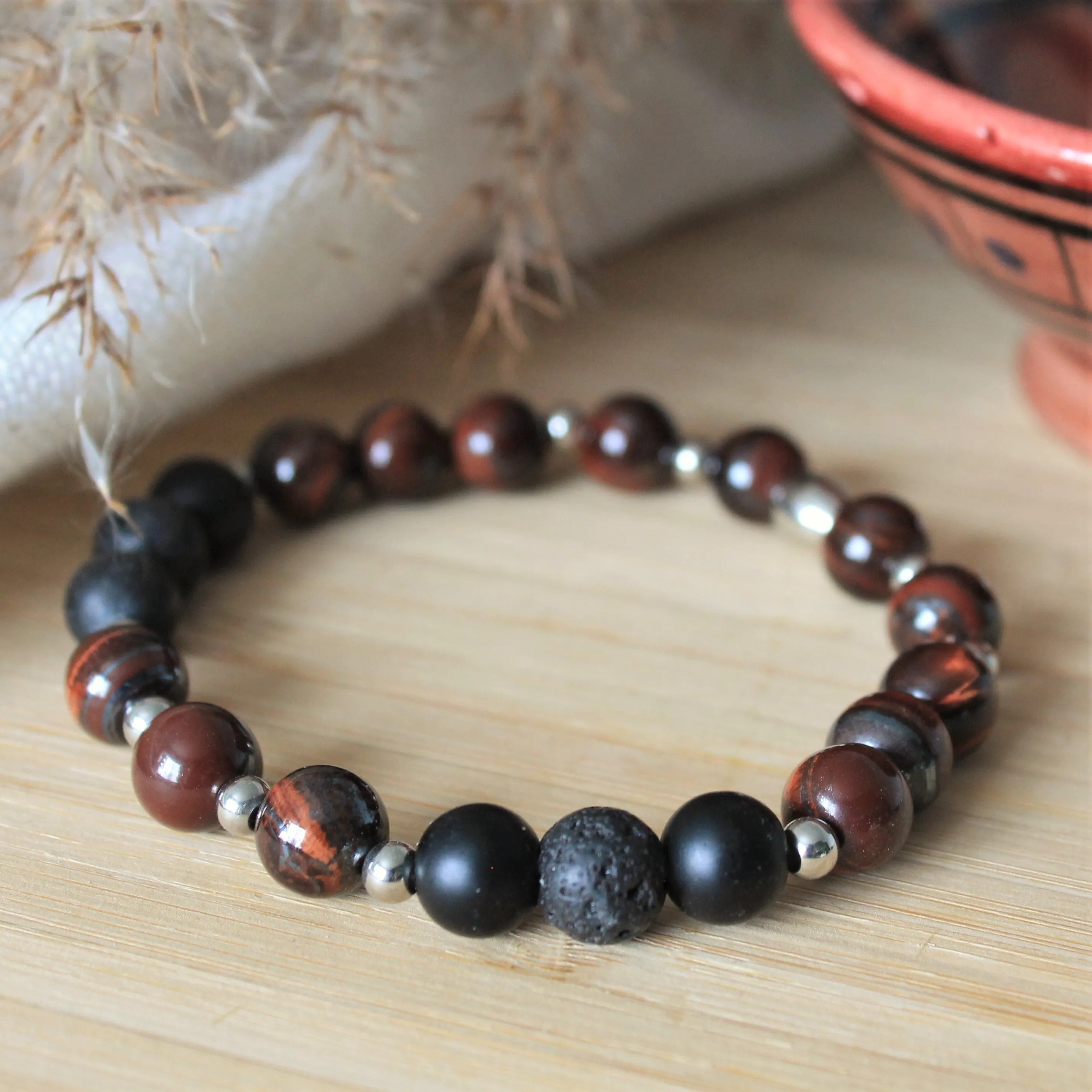 Onyx - bracelet élastique pour hommes en pierres naturelles de guérison : onyx mat, pierre de lave et œil de taureau