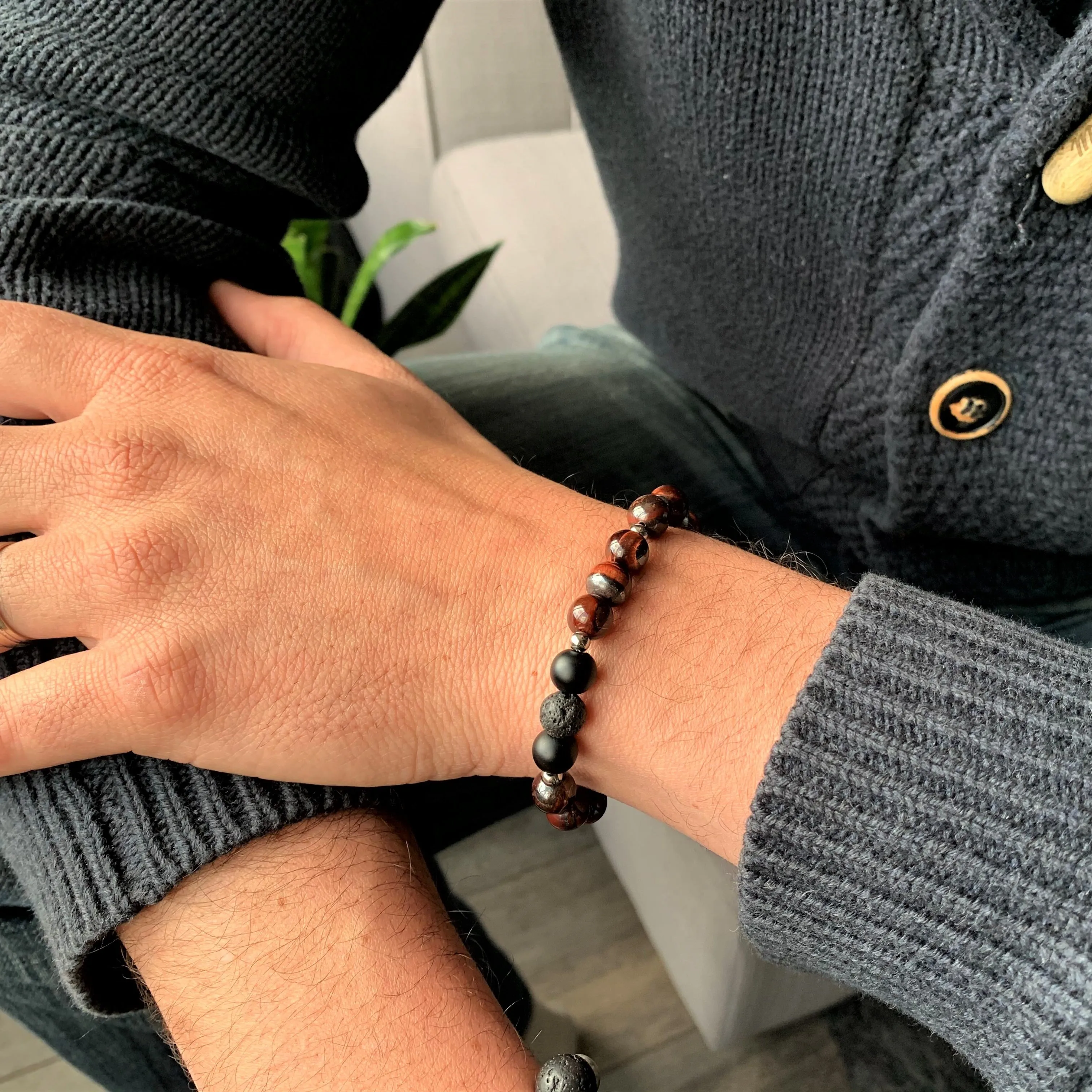 Onyx - bracelet élastique pour hommes en pierres naturelles de guérison : onyx mat, pierre de lave et œil de taureau