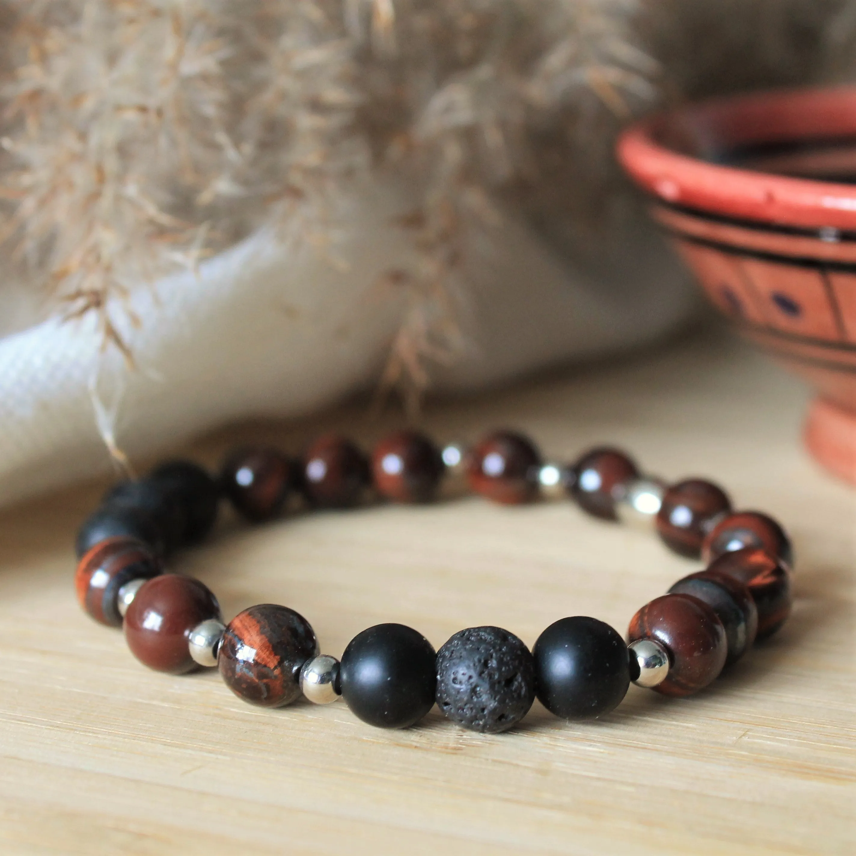 Onyx - bracelet élastique pour hommes en pierres naturelles de guérison : onyx mat, pierre de lave et œil de taureau