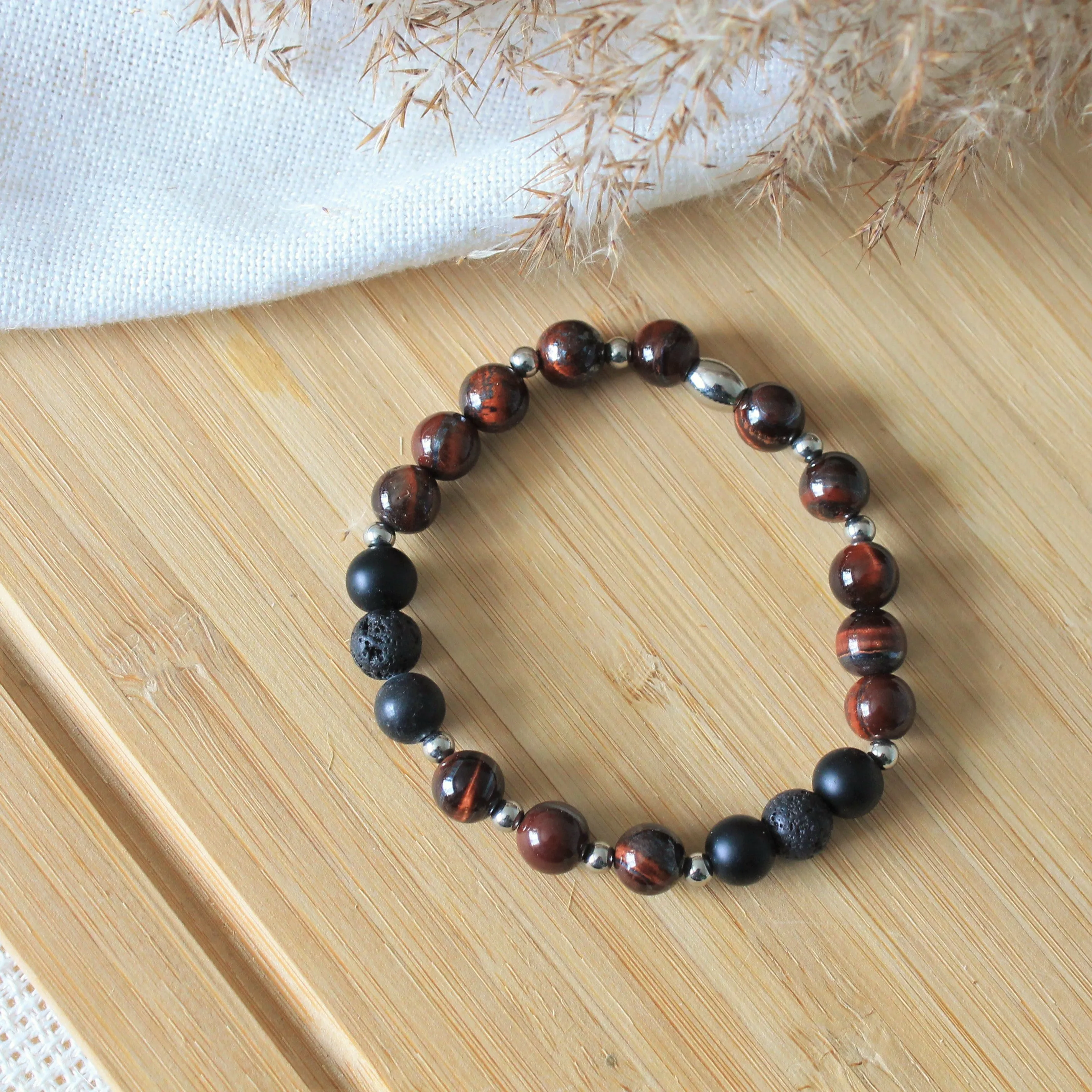Onyx - bracelet élastique pour hommes en pierres naturelles de guérison : onyx mat, pierre de lave et œil de taureau