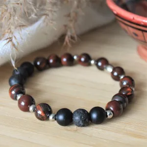Onyx - bracelet élastique pour hommes en pierres naturelles de guérison : onyx mat, pierre de lave et œil de taureau