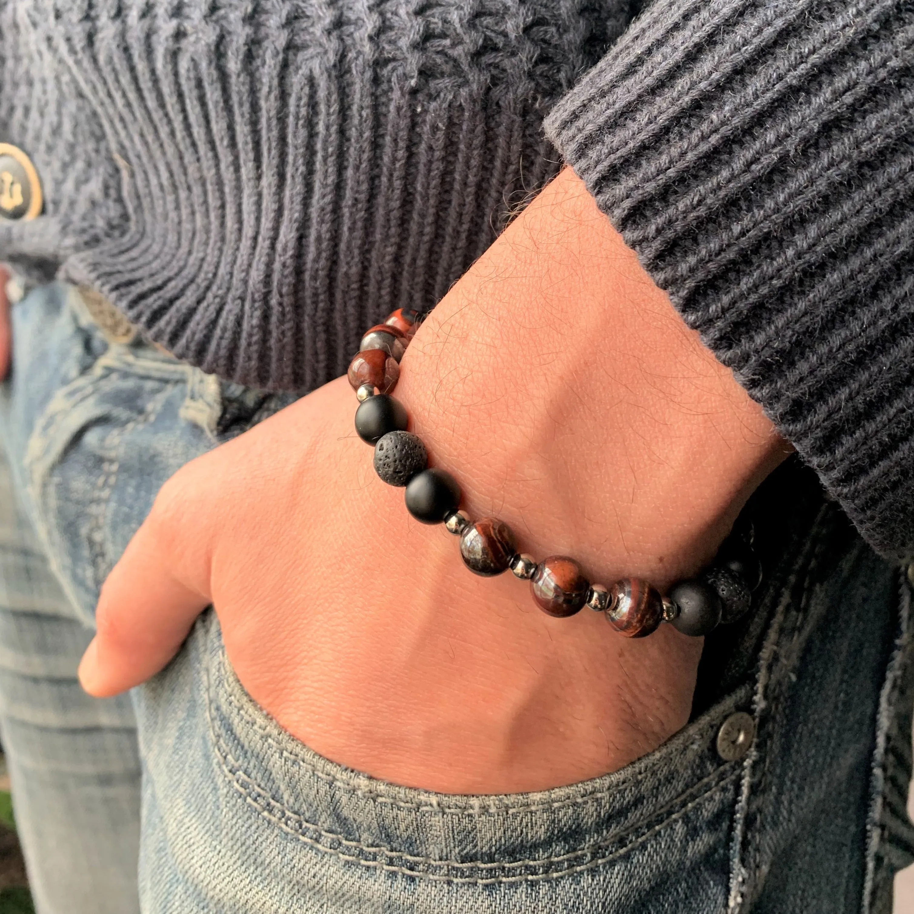 Onyx - bracelet élastique pour hommes en pierres naturelles de guérison : onyx mat, pierre de lave et œil de taureau