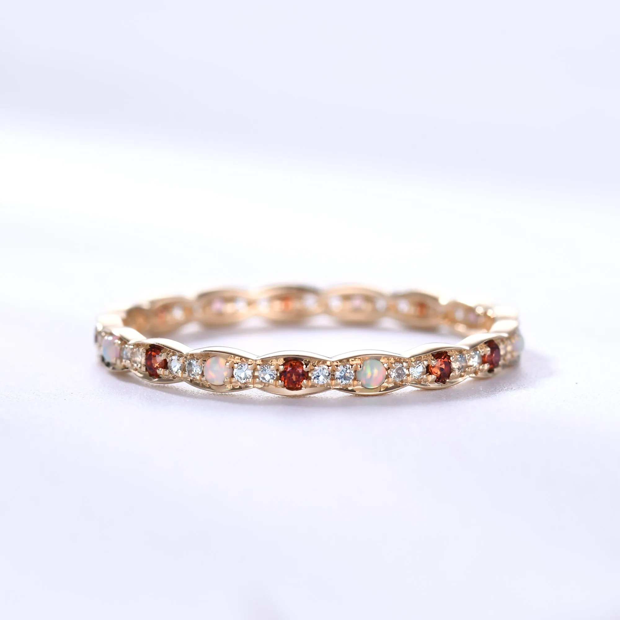 Opal Garnet Aquamarine 14k Yellow Gold Wedding Band Birthstone Full Eternity Ring