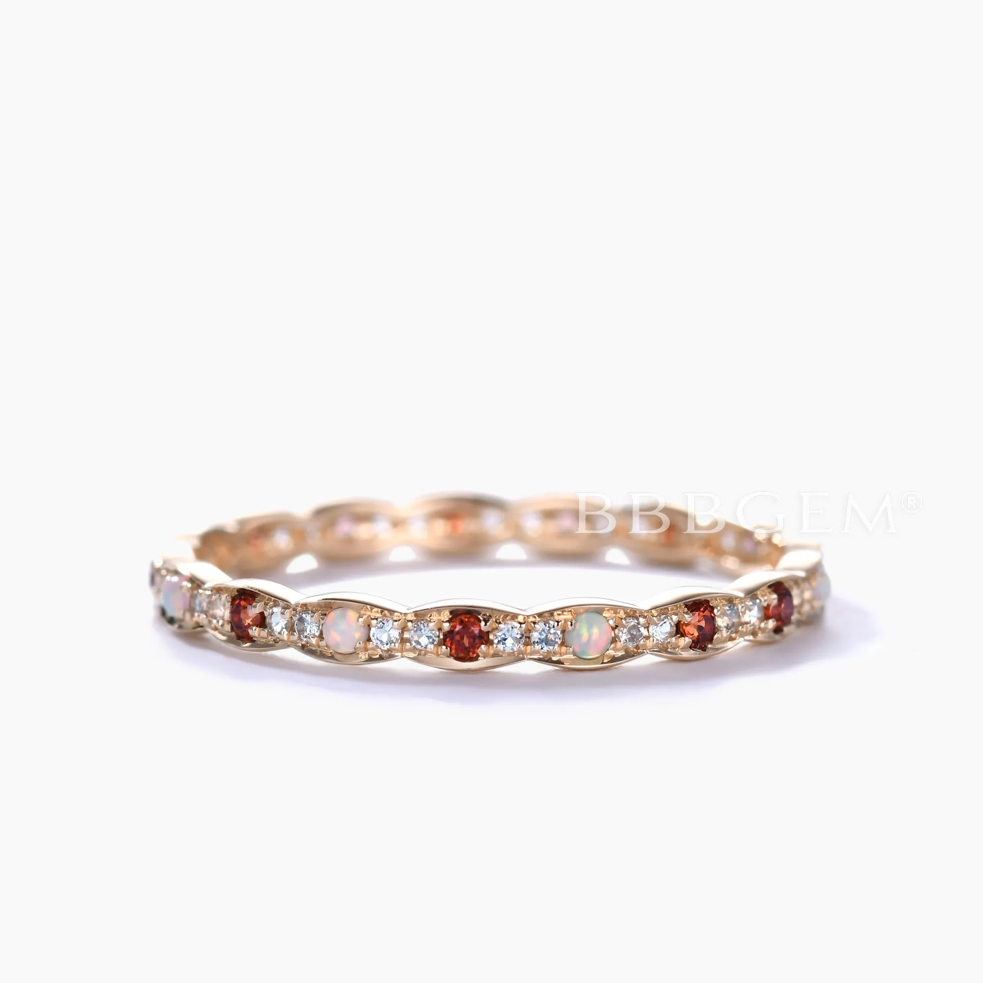 Opal Garnet Aquamarine 14k Yellow Gold Wedding Band Birthstone Full Eternity Ring